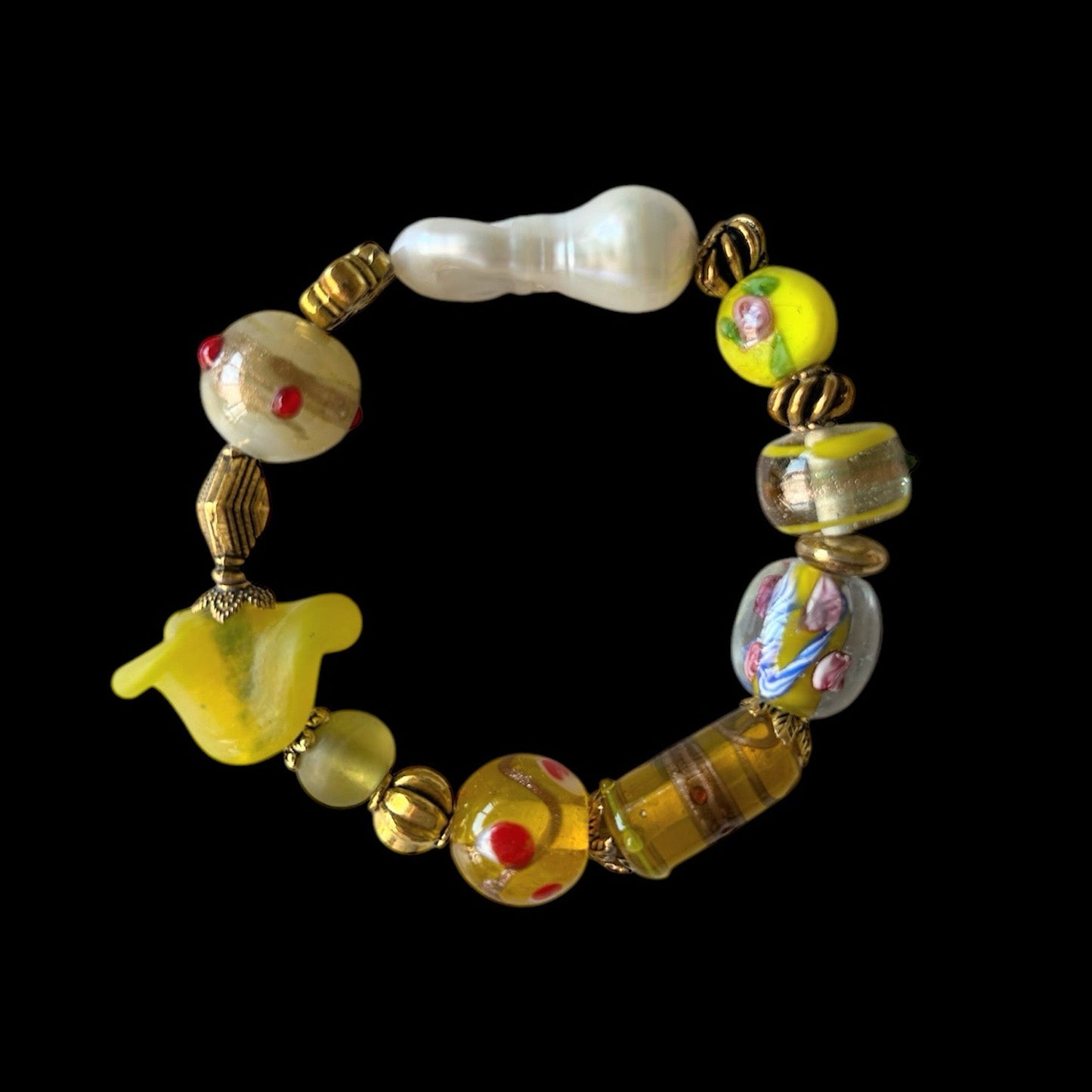 Glass bead bracelets with large baroque freshwater pearl