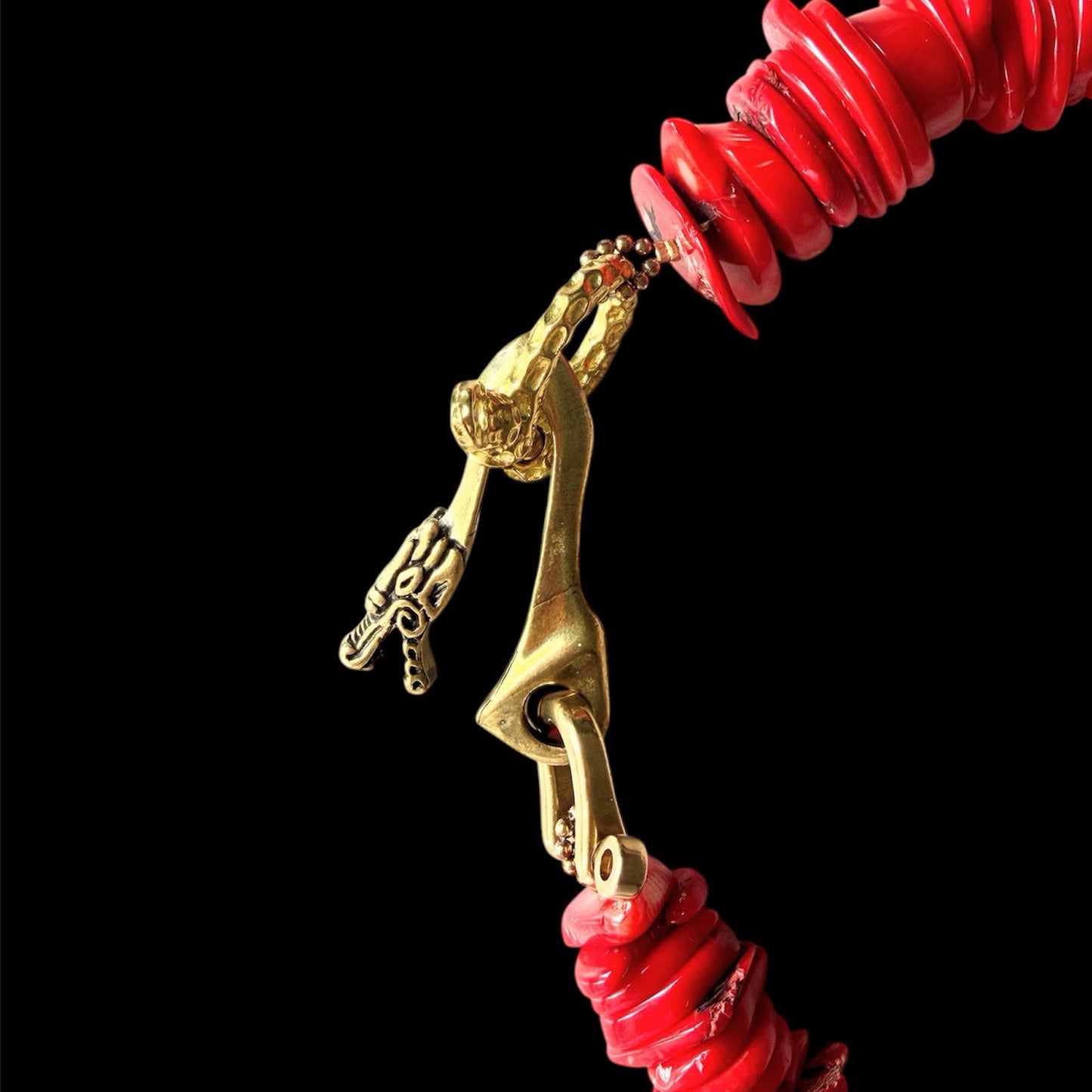 Bamboo coral and jade choker with brass dragon clasp