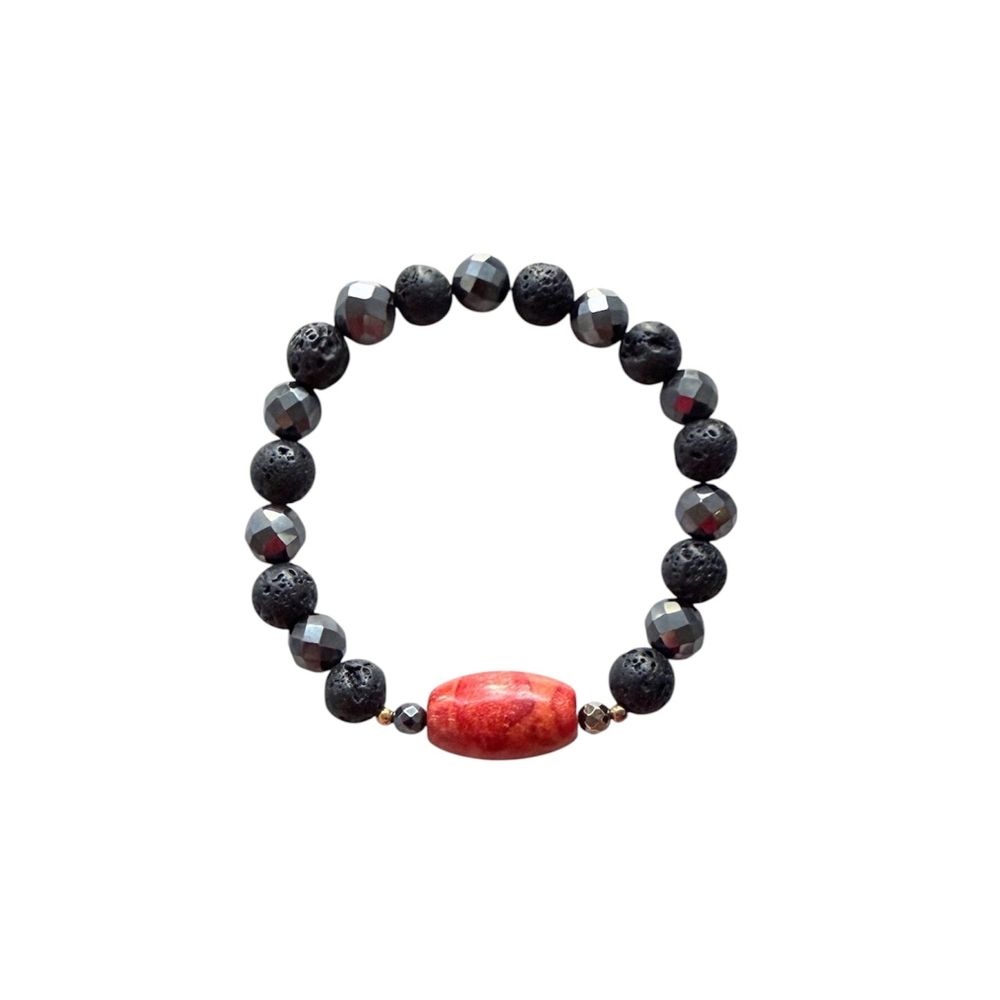 Lava stone, hematite and sponge coral men’s bracelet