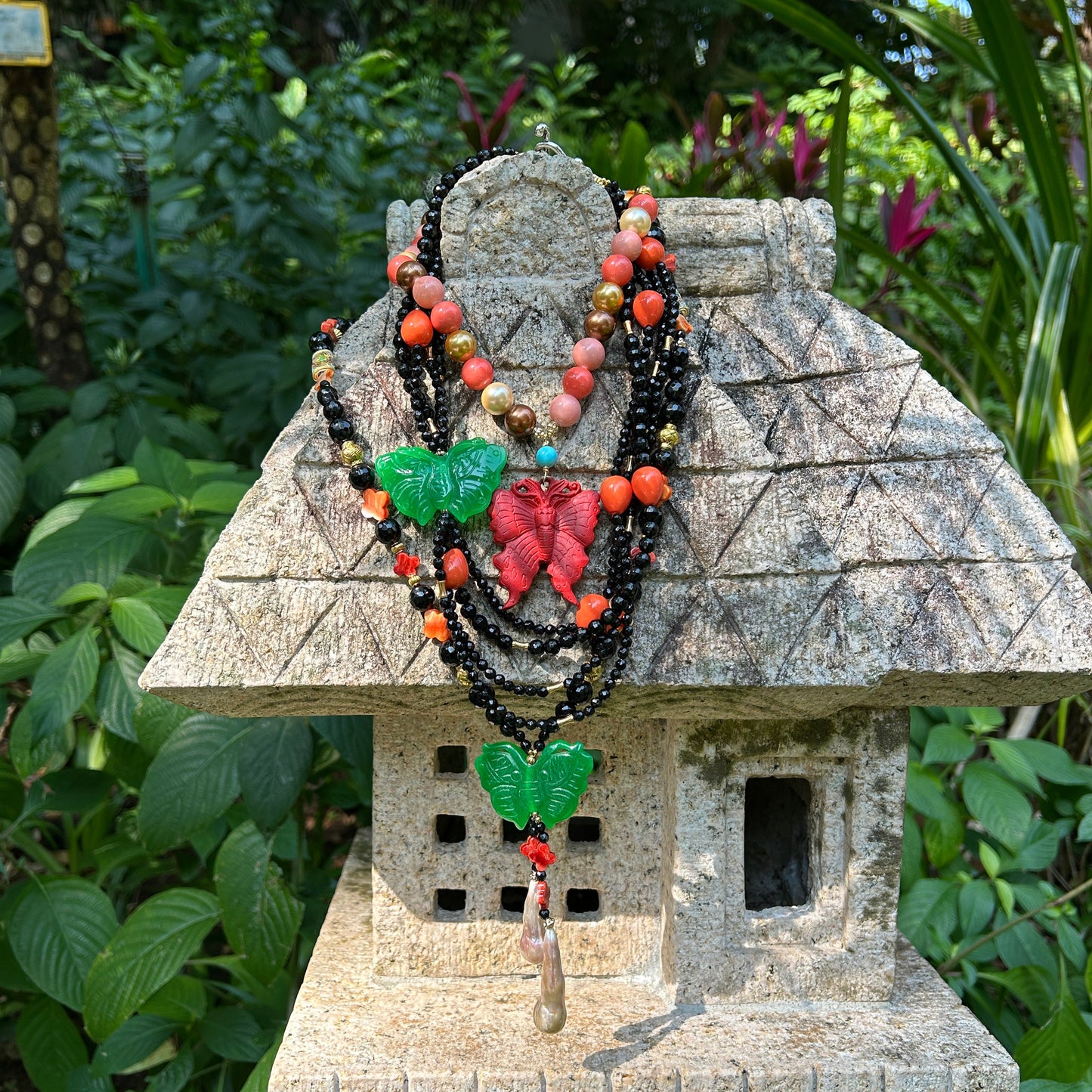 Black agate necklace with jade butterfly and shell beads