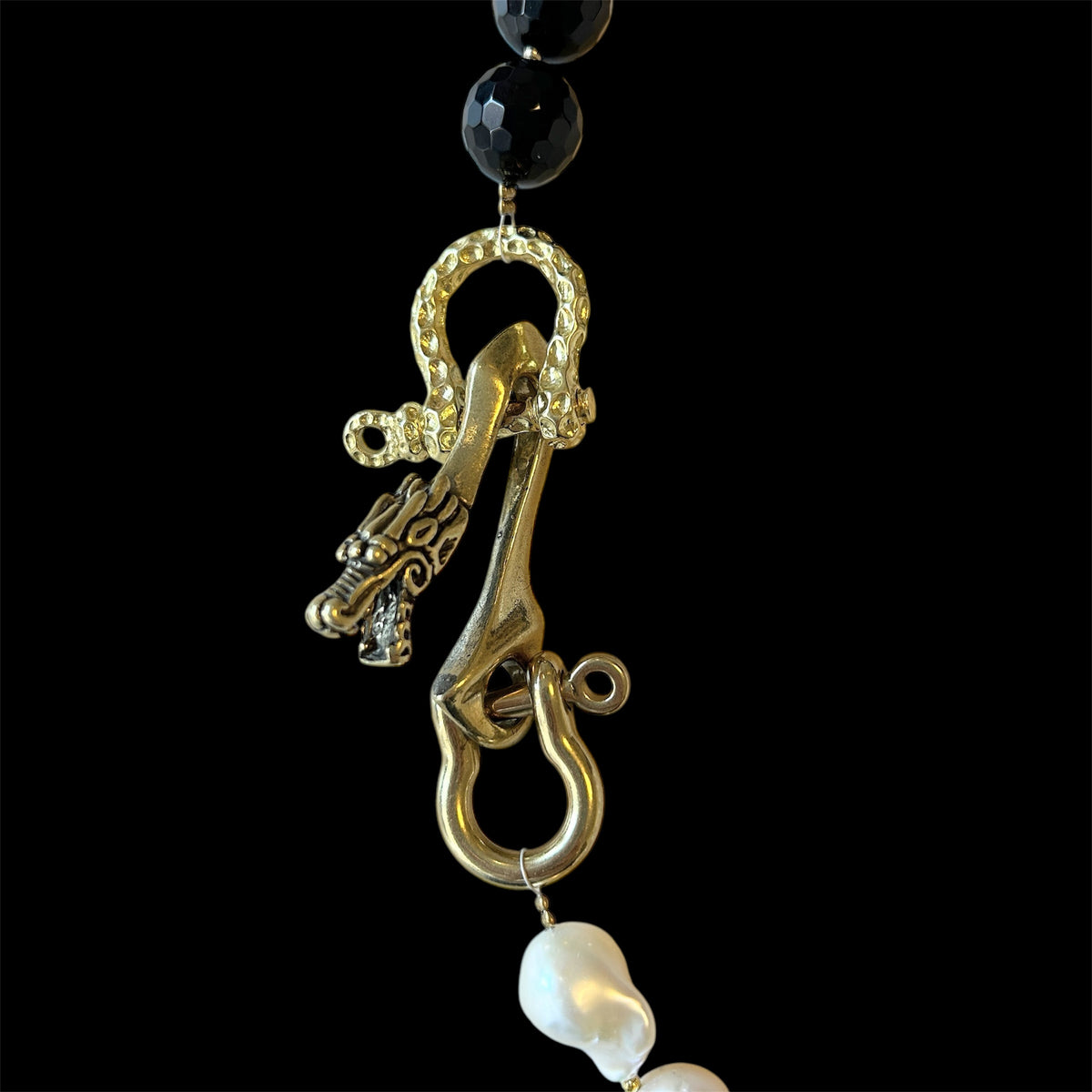 Baroque freshwater pearl and black agate choker with brass dragon hook