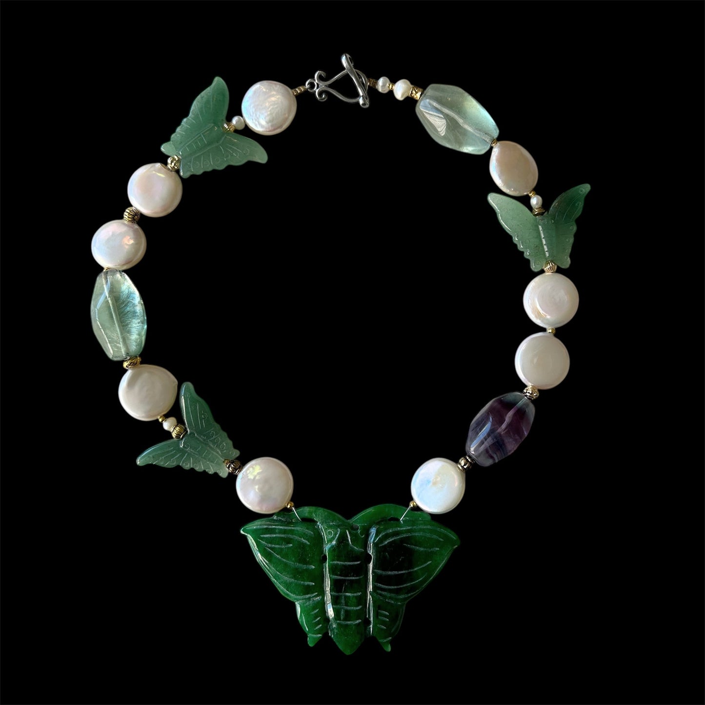 Coin freshwater pearl choker with aventurine butterflies and fluorite beads