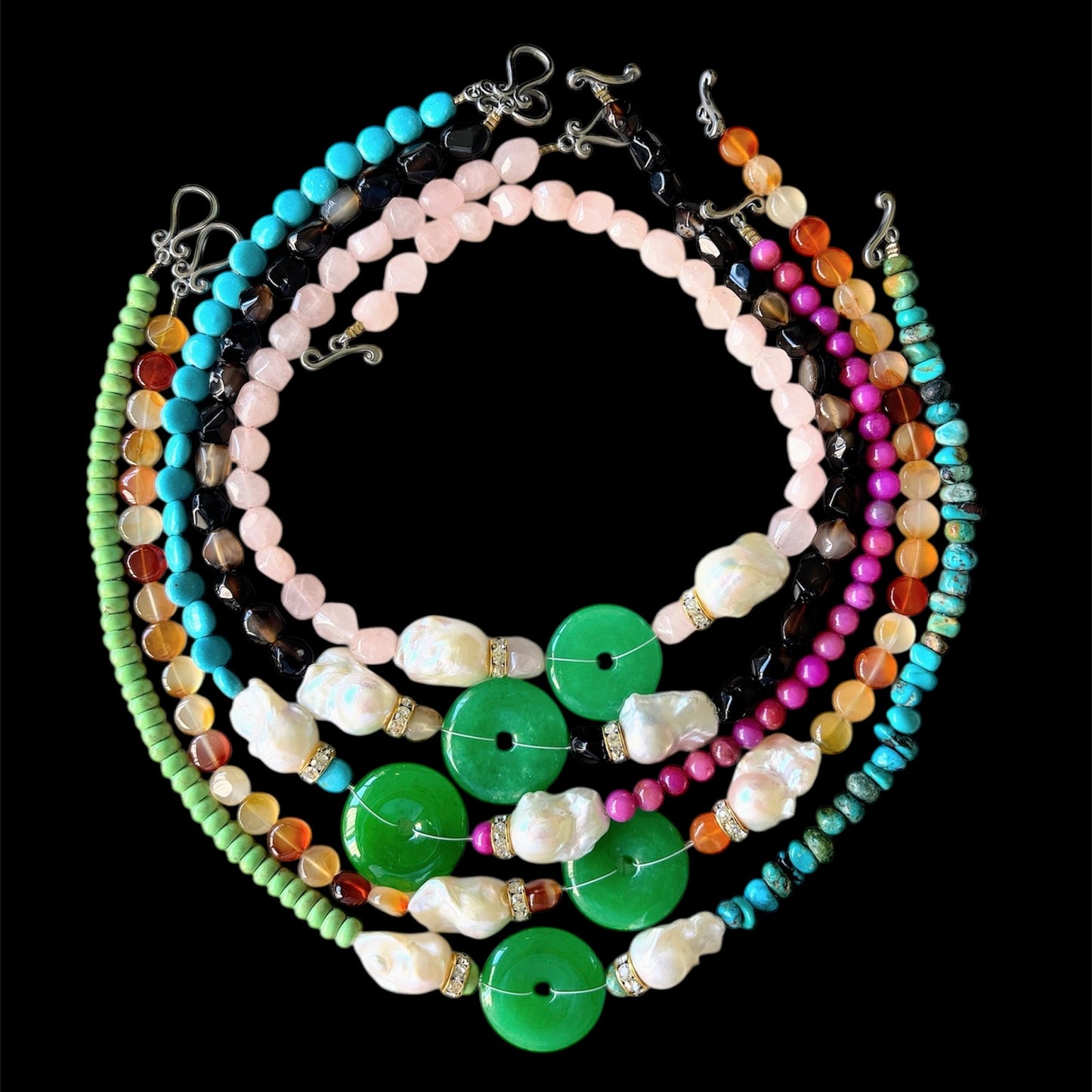 Turquoise and flower jasper choker with aventurine donut and baroque freshwater pearls