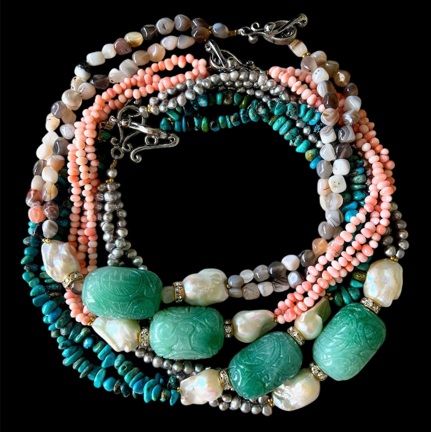 Grey striped agate choker with carved aventurine bead and baroque freshwater pearls