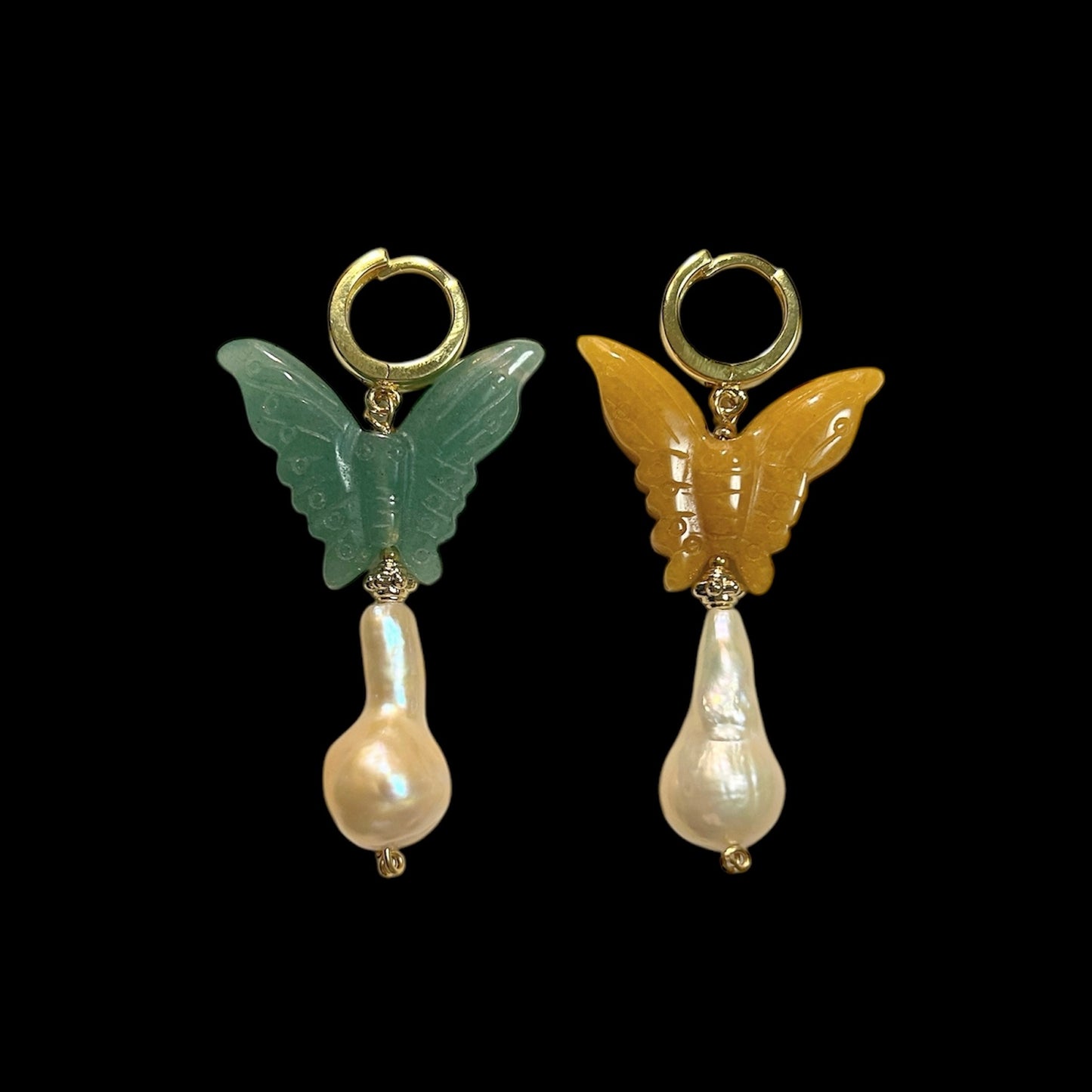 Baroque freshwater pearl earrings with yellow jade and aventurine butterflies
