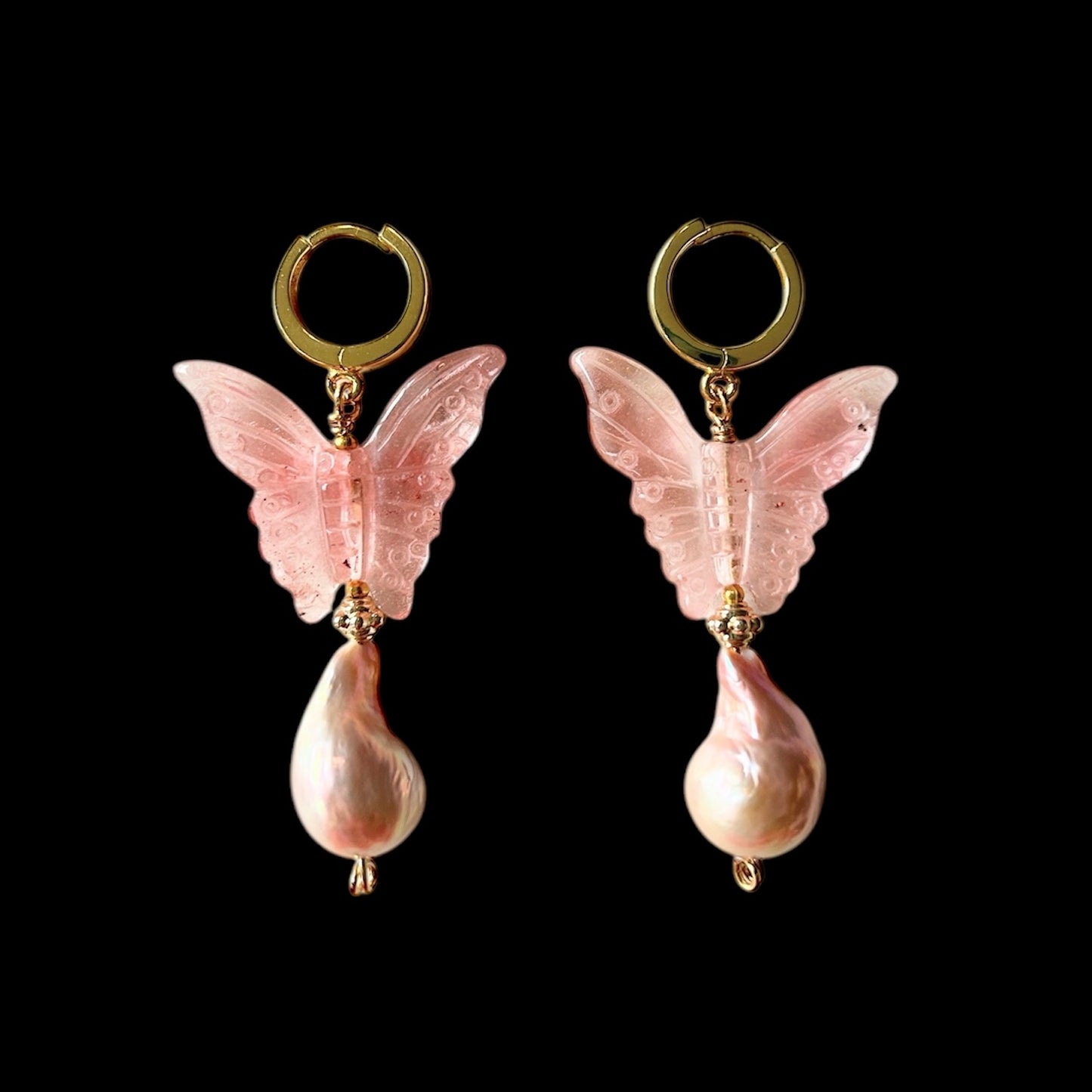Baroque freshwater pearl earrings with strawberry quartz butterflies