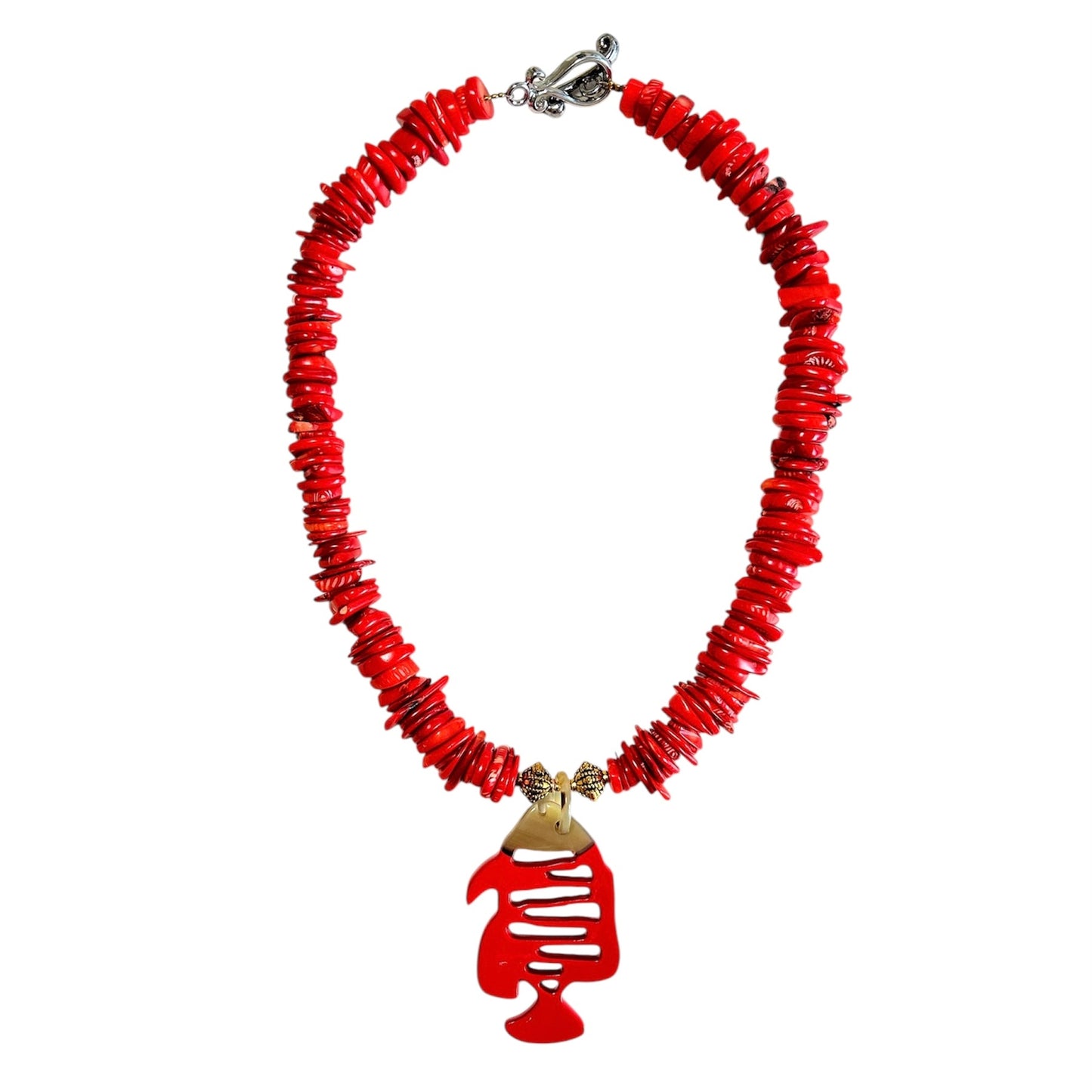 Bamboo coral necklace with red buffalo horn and lacquer tropical fish