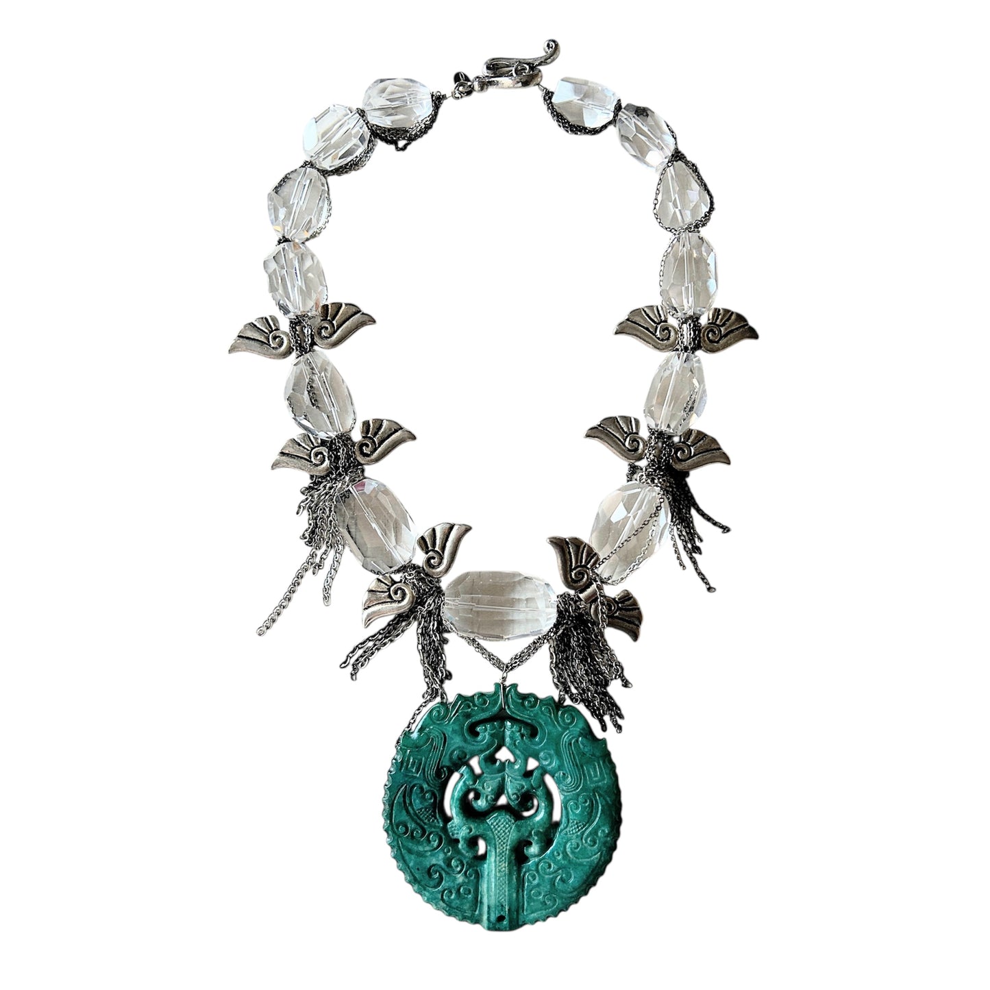 Cut crystal choker with dragon carved pendant and wings