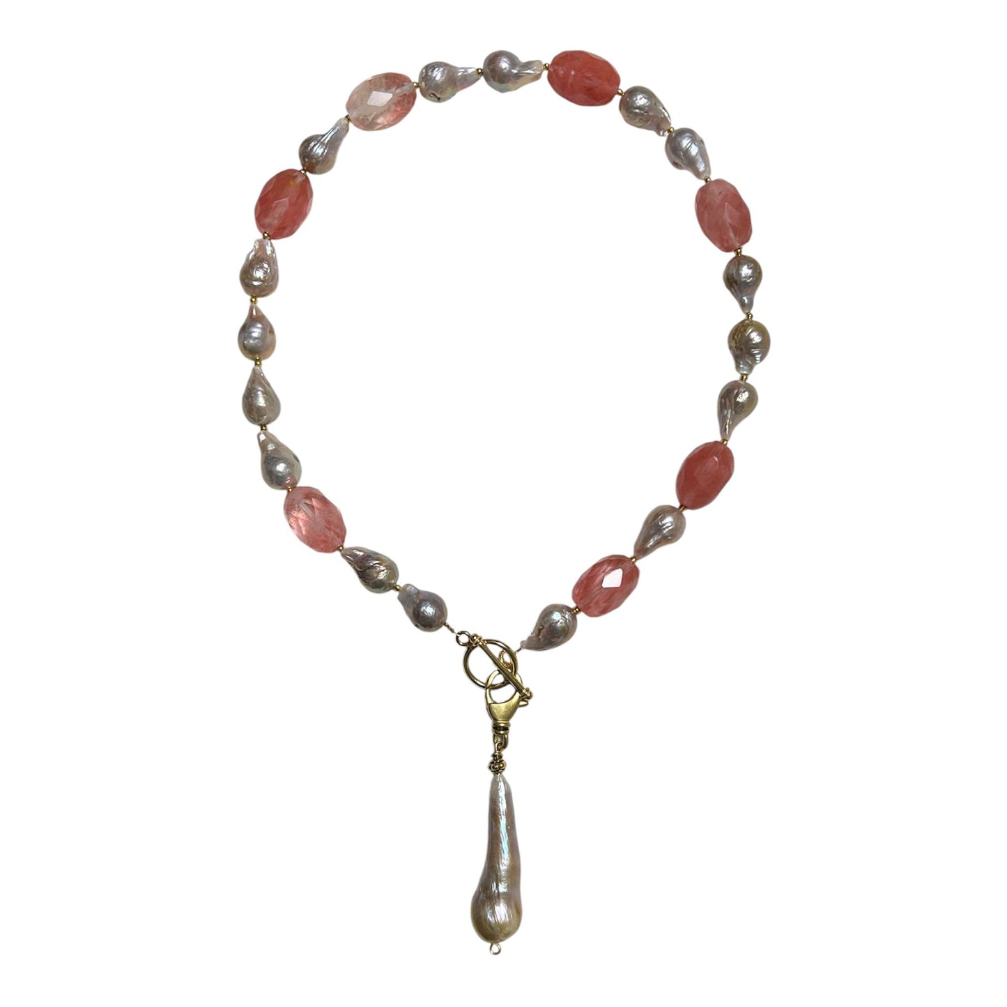 Pink champagne baroque freshwater pearl and watermelon quartz choker with removable pearl pendant