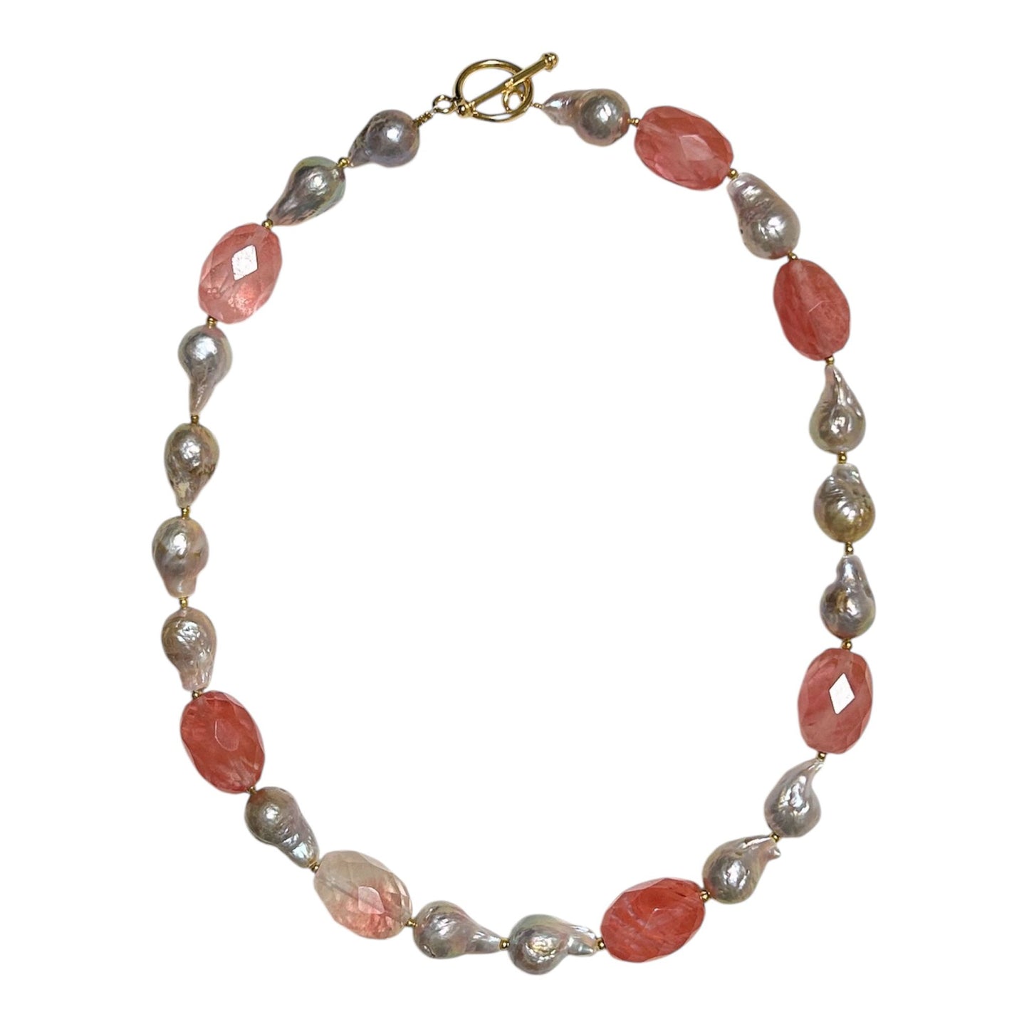 Pink champagne baroque freshwater pearl and watermelon quartz choker with removable pearl pendant