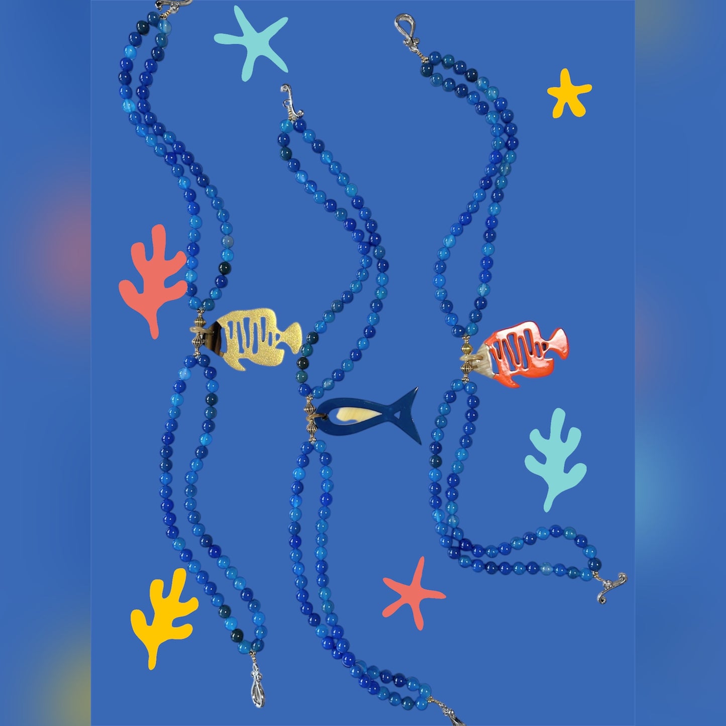 Blue agate necklace with blue buffalo horn and lacquer sardine