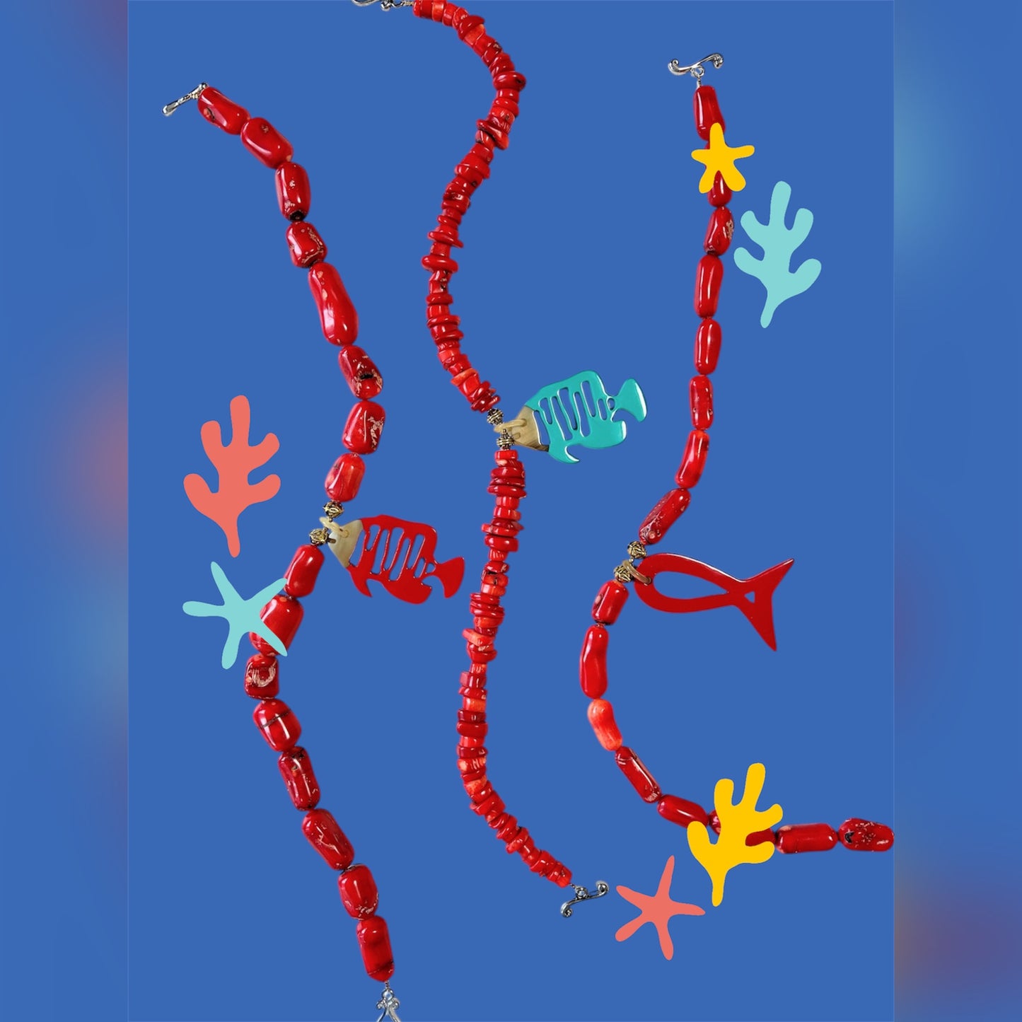Bamboo coral necklace with red buffalo horn and lacquer tropical fish