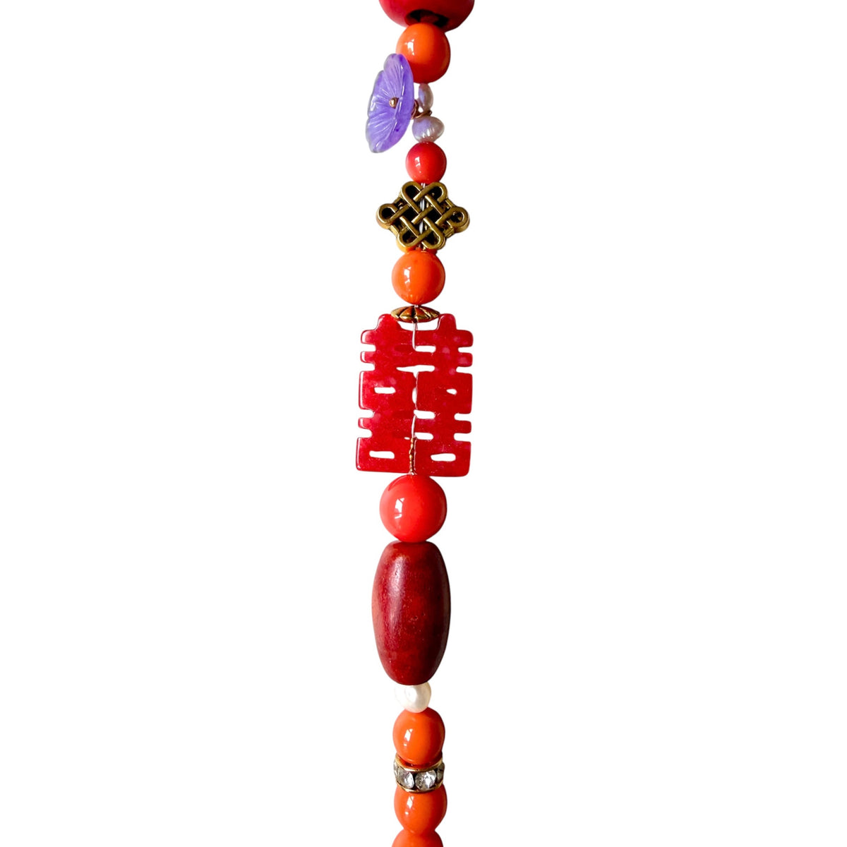 Shell coral necklace with jade carvings, a brass dragon clasp, semi-precious stones and freshwater pearls
