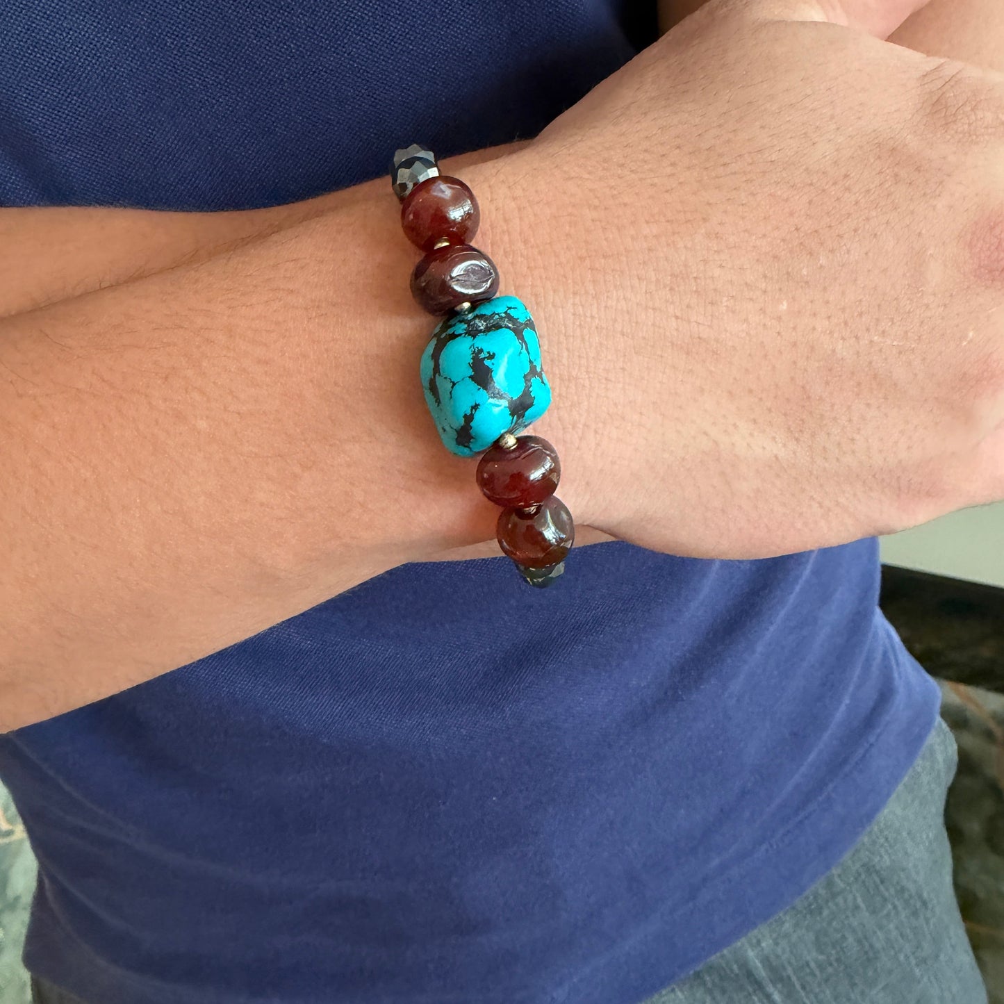 Hematite, carnelian and turquoise nugget men’s bracelet