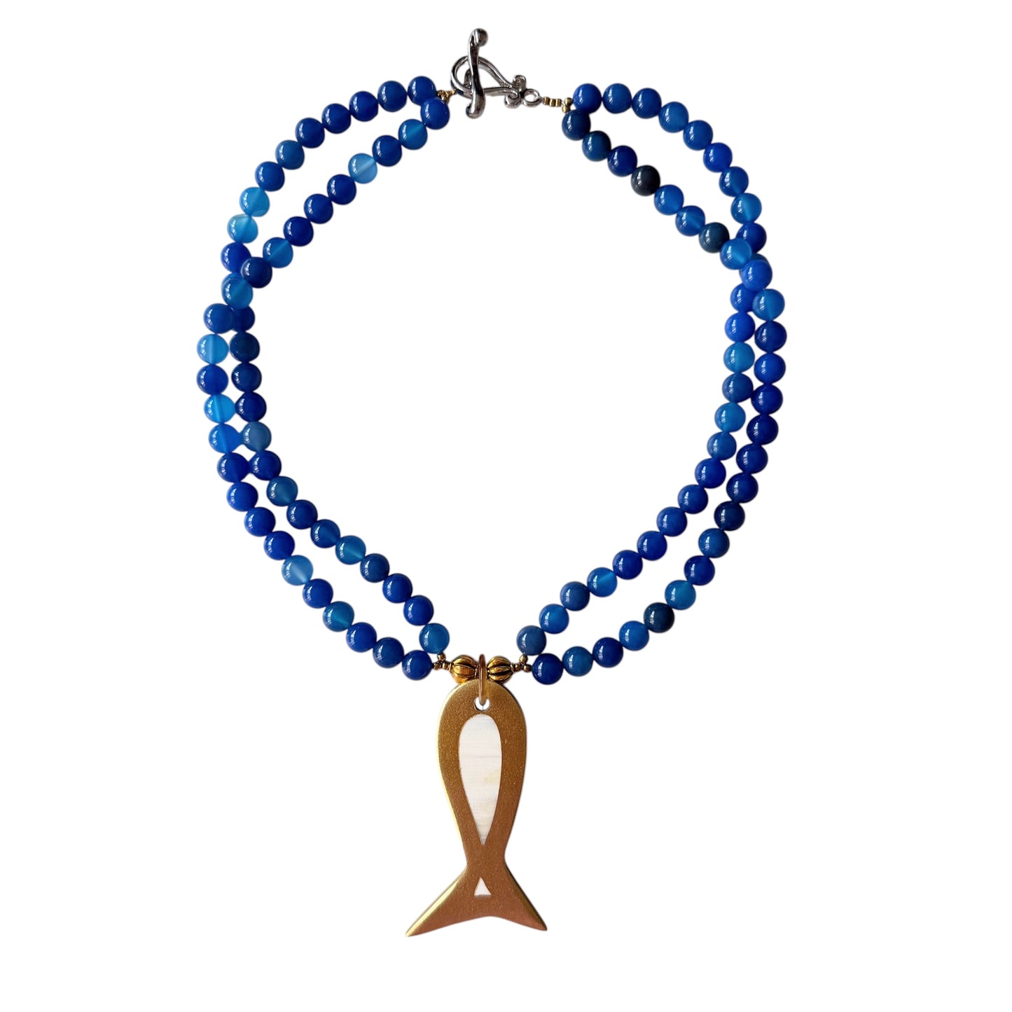 Blue agate necklace with gold buffalo horn and lacquer sardine