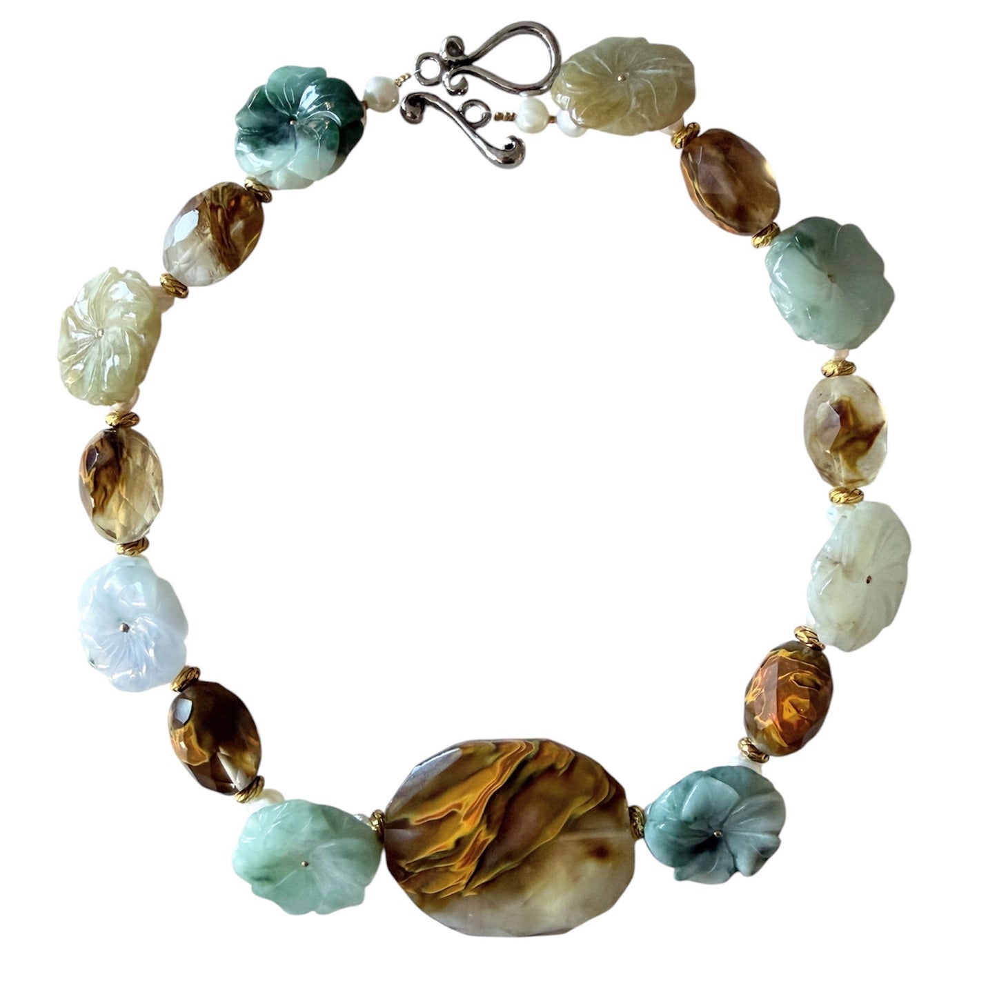 Jade, striped agate and freshwater pearl choker