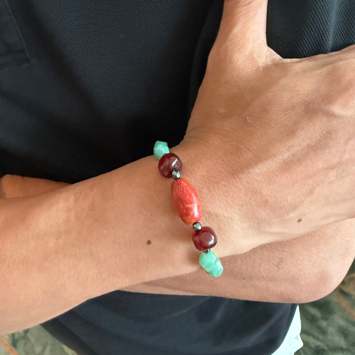 New jade, carnelian and sponge coral men’s bracelet