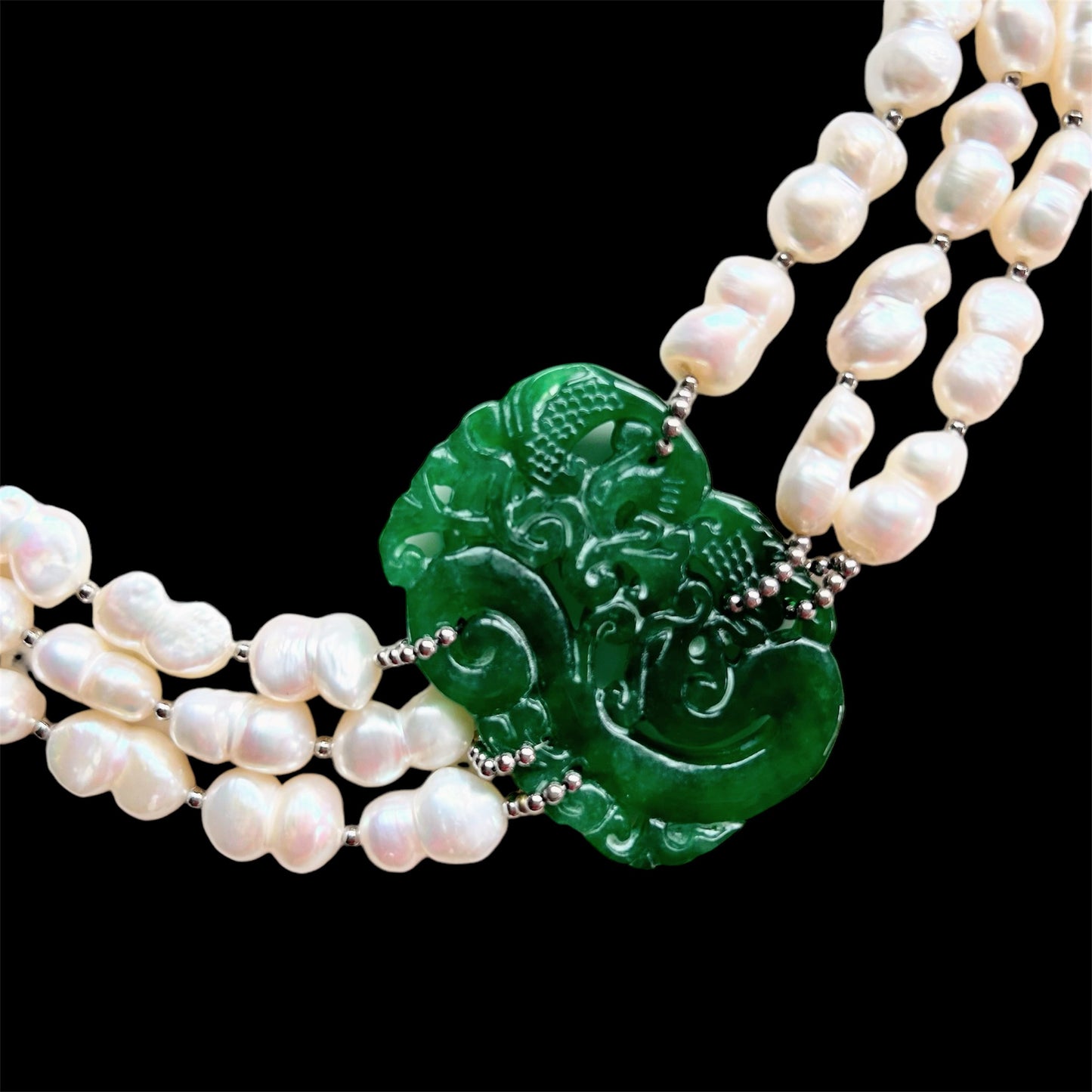 3 strand peanut freshwater pearl choker with jade dragon and phoenix carving