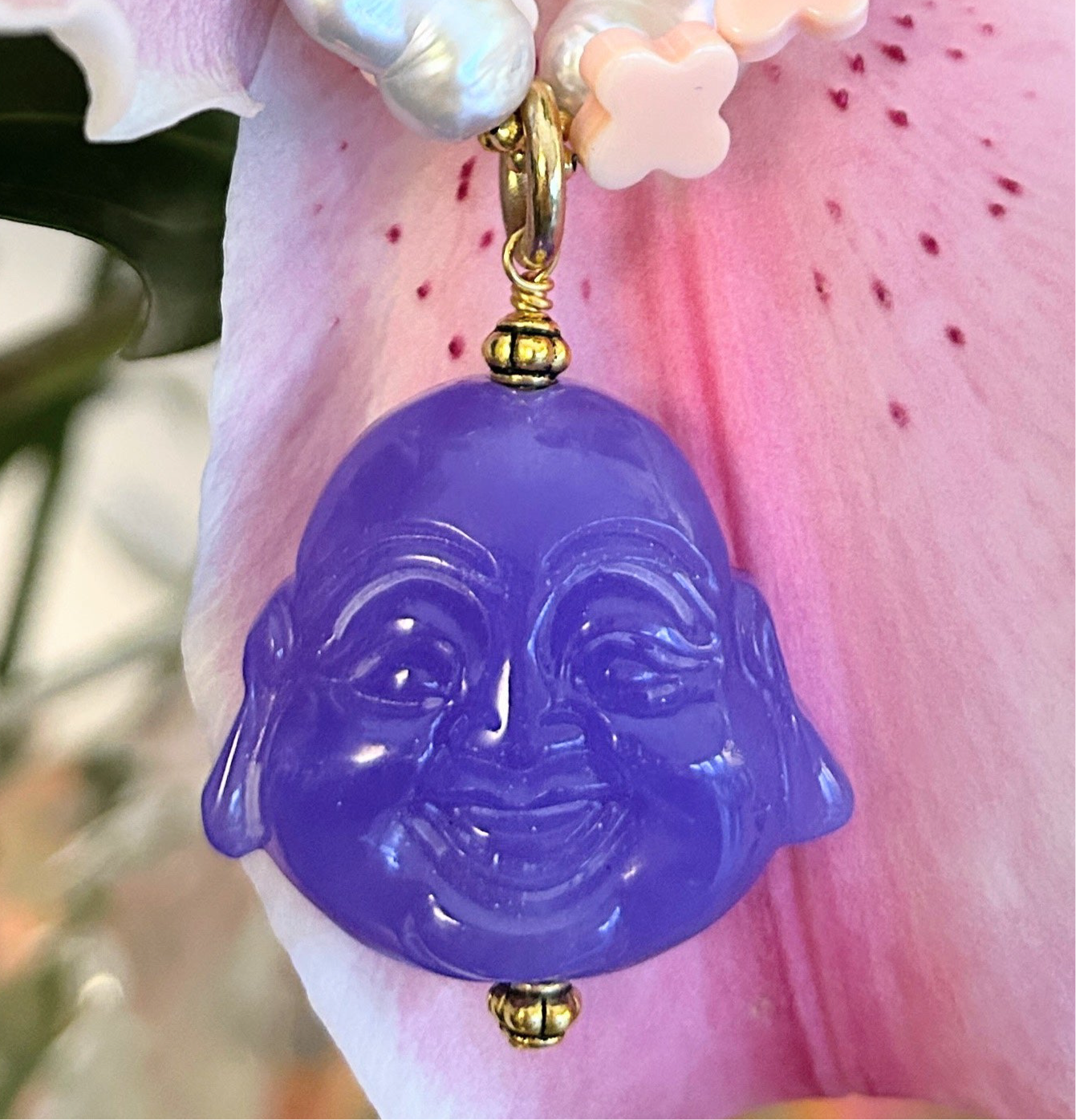 Baroque freshwater pearl and conch choker with jade smiling Buddha pendant