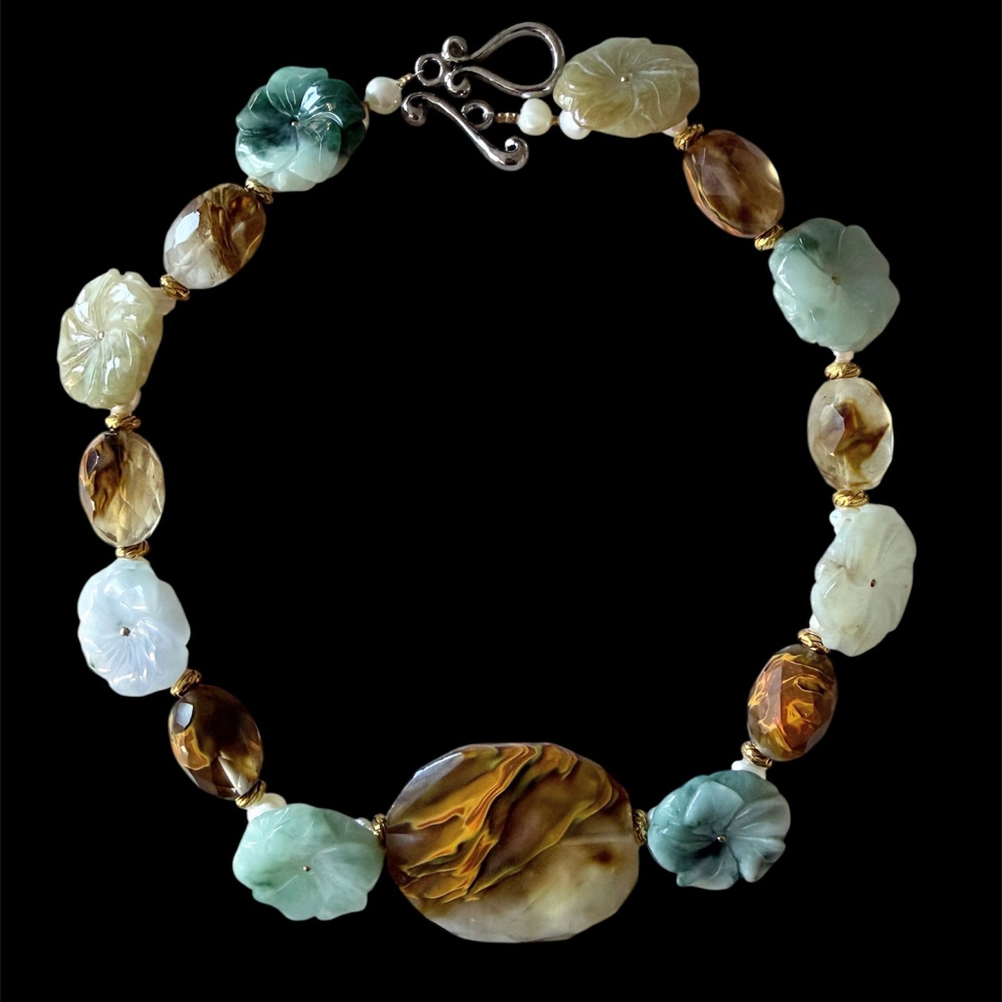 Jade, striped agate and freshwater pearl choker