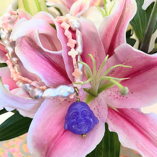 Baroque freshwater pearl and conch choker with jade smiling Buddha pendant