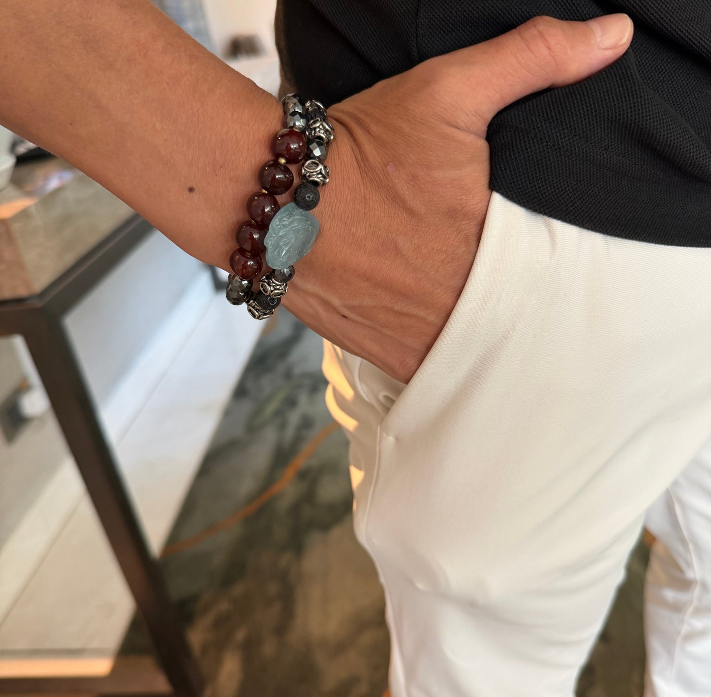 Aquamarine, lava stone and metal men’s bracelet