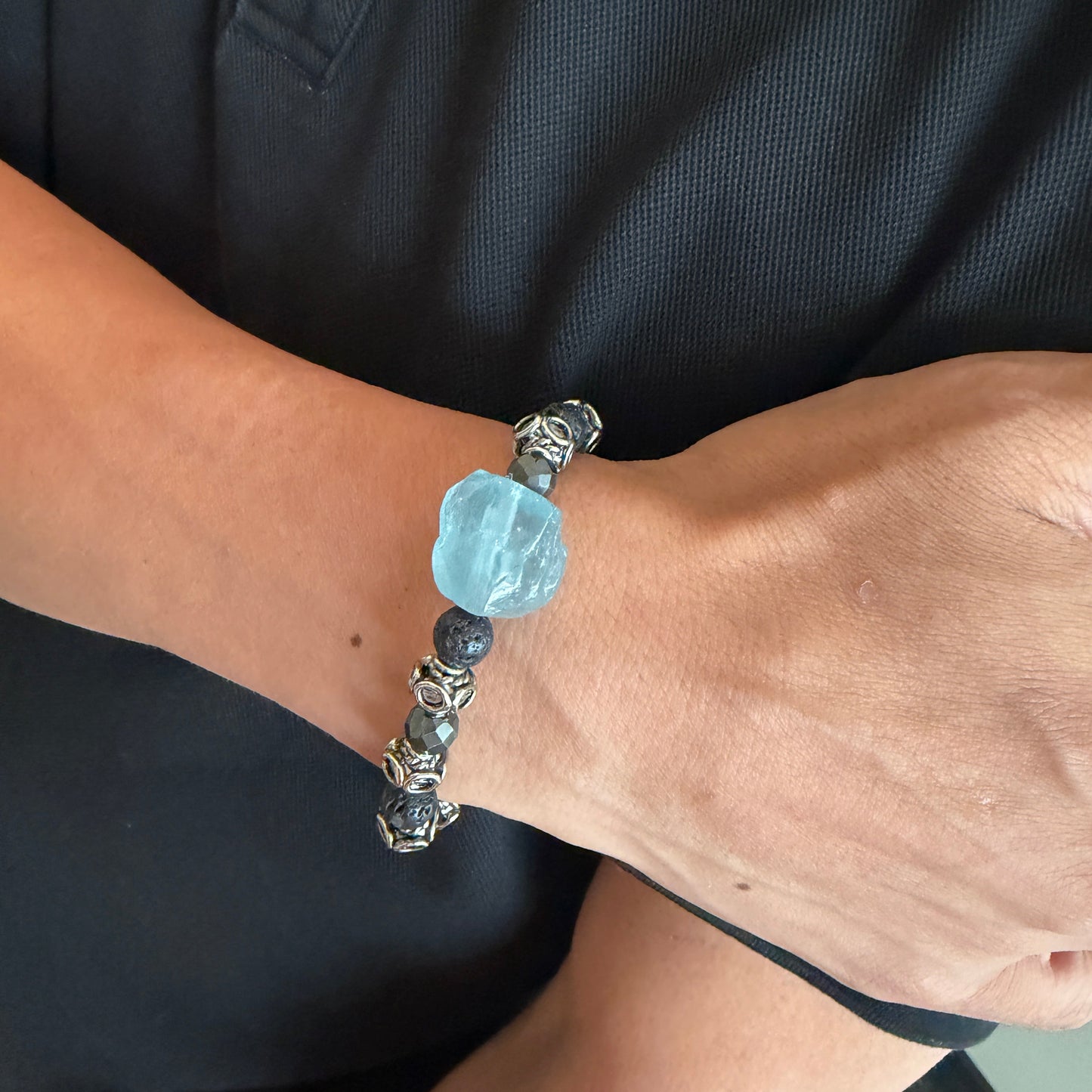 Aquamarine, lava stone and metal men’s bracelet