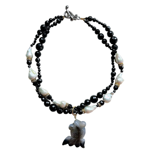 2 strand black agate and baroque freshwater pearl necklace with agate fish