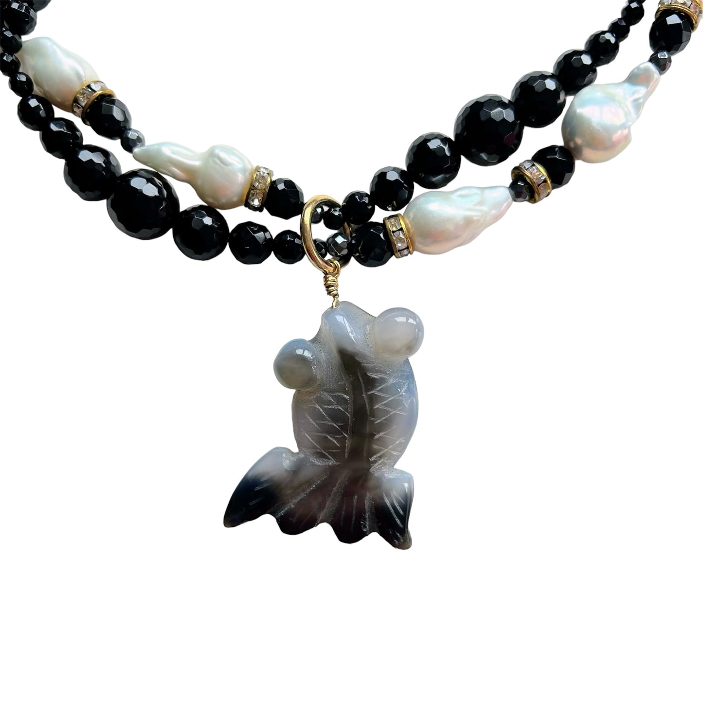 2 strand black agate and baroque freshwater pearl necklace with agate fish