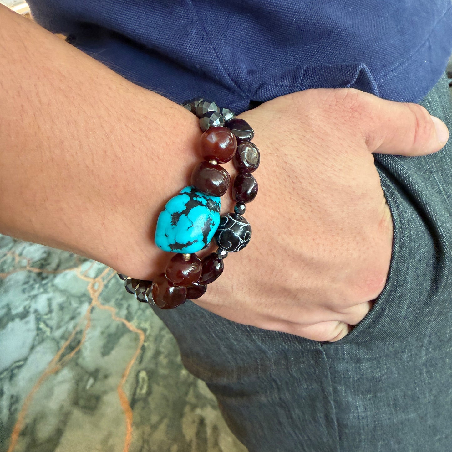 Hematite, carnelian and turquoise nugget men’s bracelet