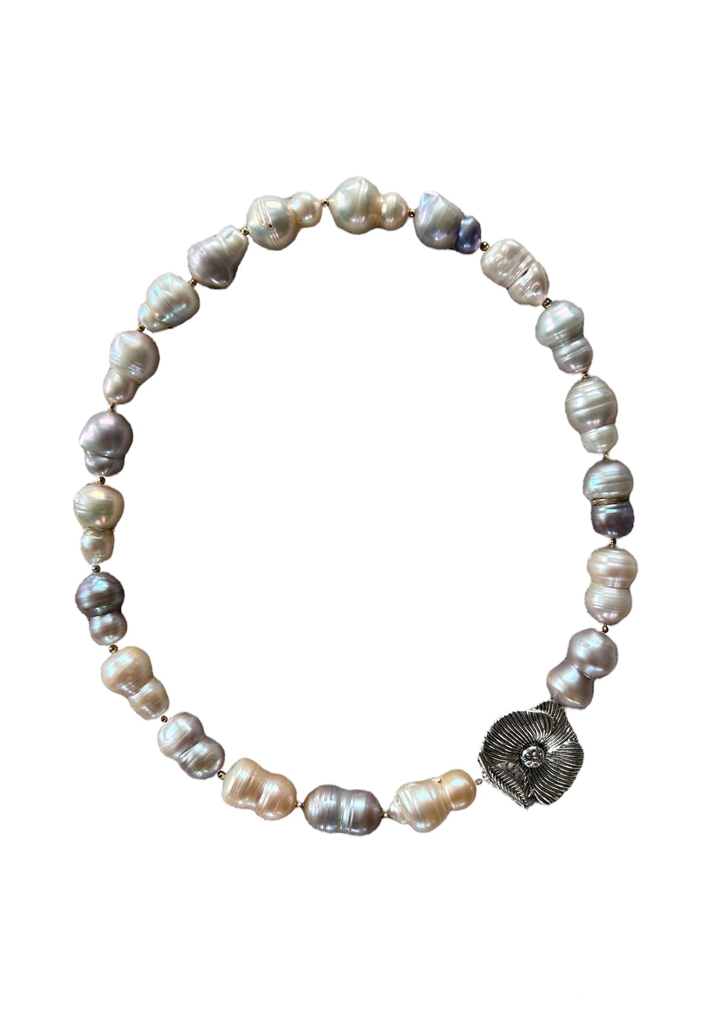 Peanut shaped freshwater pearl choker with poppy shaped clasp