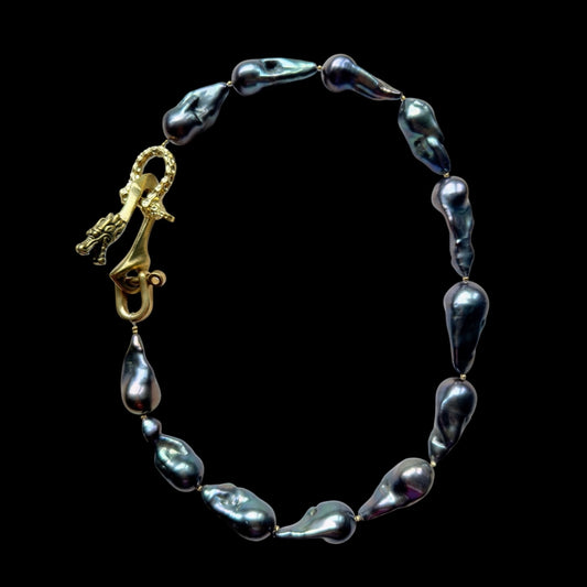 Black baroque freshwater pearl choker with dragon clasp