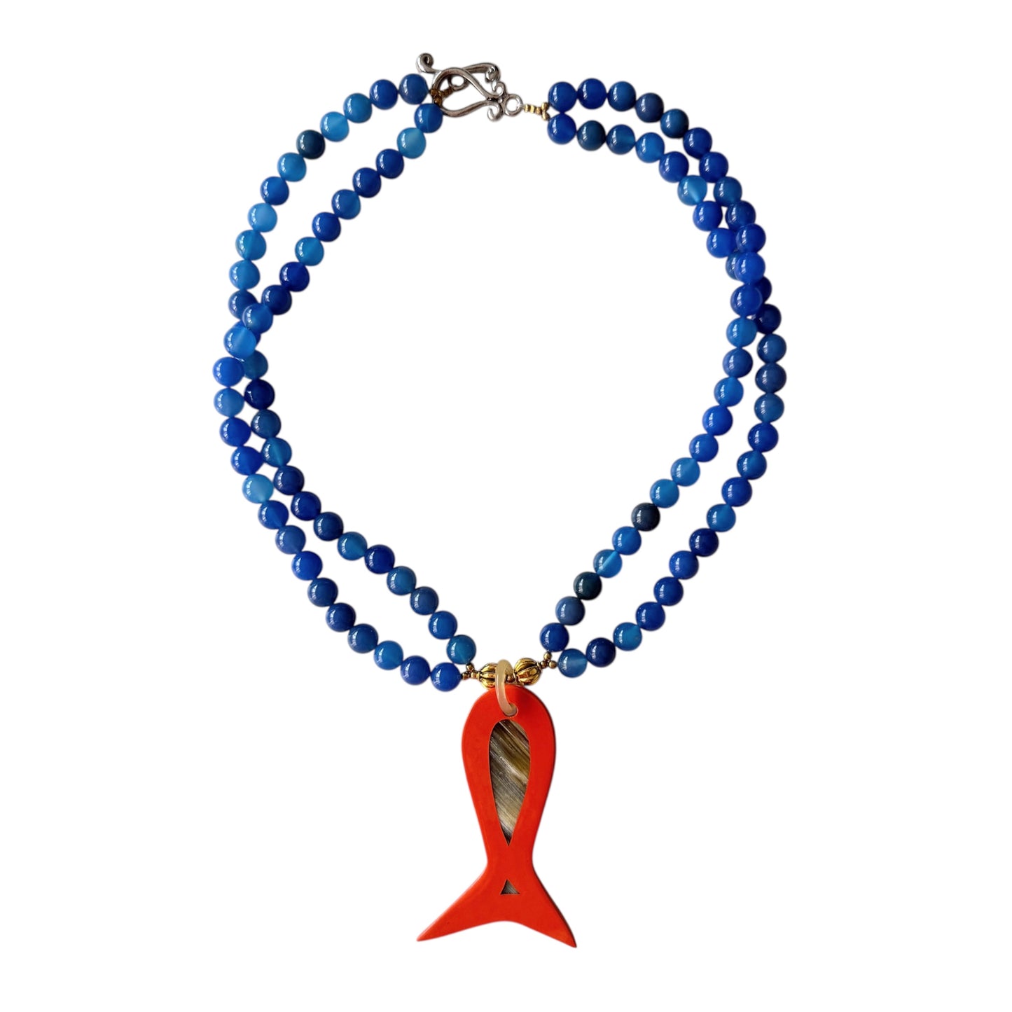 Blue agate necklace with orange buffalo horn and lacquer sardine