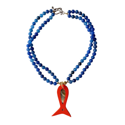 Blue agate necklace with orange buffalo horn and lacquer sardine