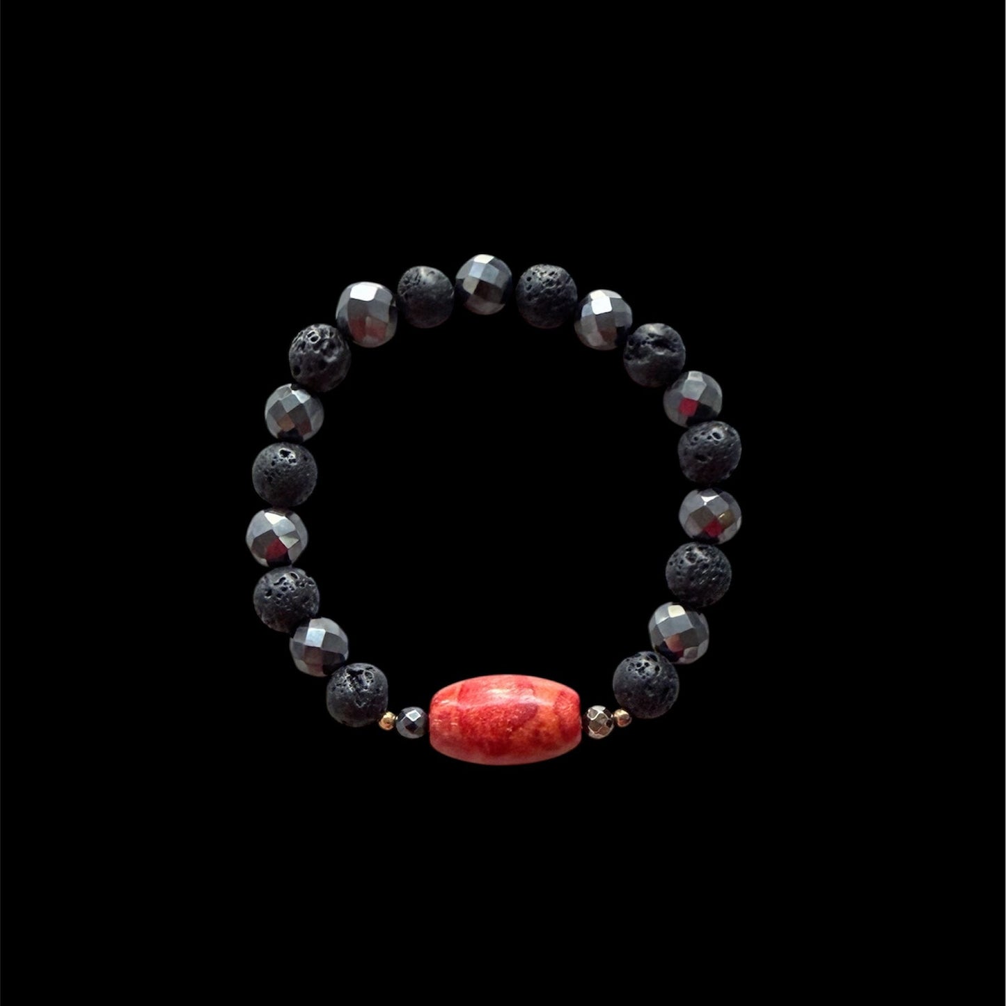 Lava stone, hematite and sponge coral men’s bracelet