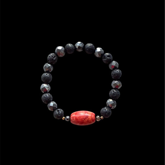 Lava stone, hematite and sponge coral men’s bracelet