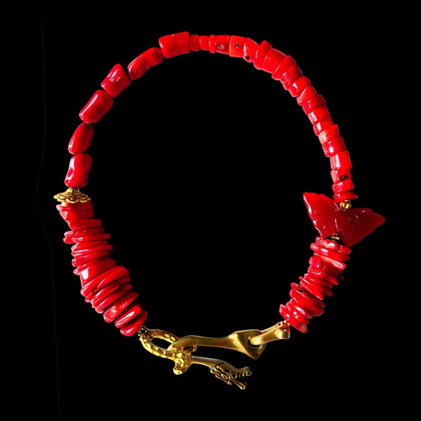 Bamboo coral and jade choker with brass dragon clasp