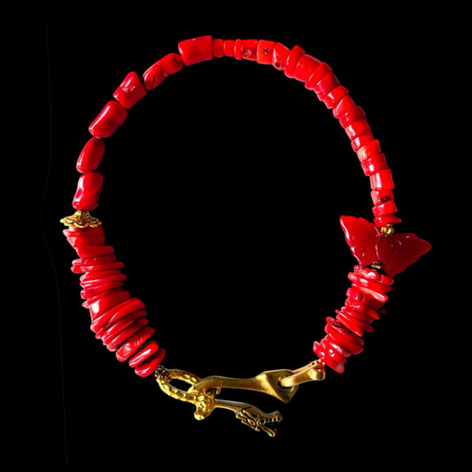 Bamboo coral and jade choker with brass dragon clasp