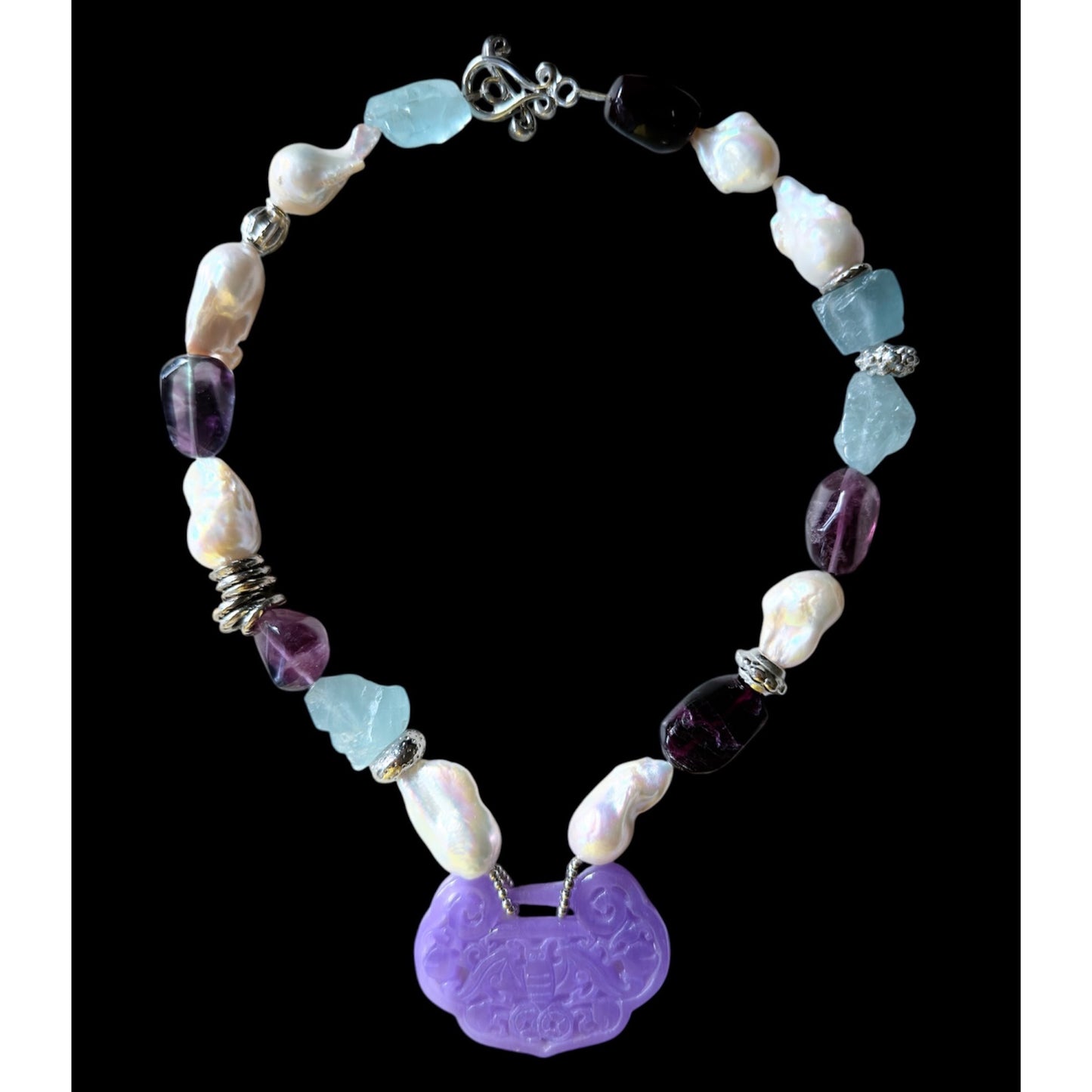 Aquamarine, baroque freshwater pearl and fluorite choker with jade carving