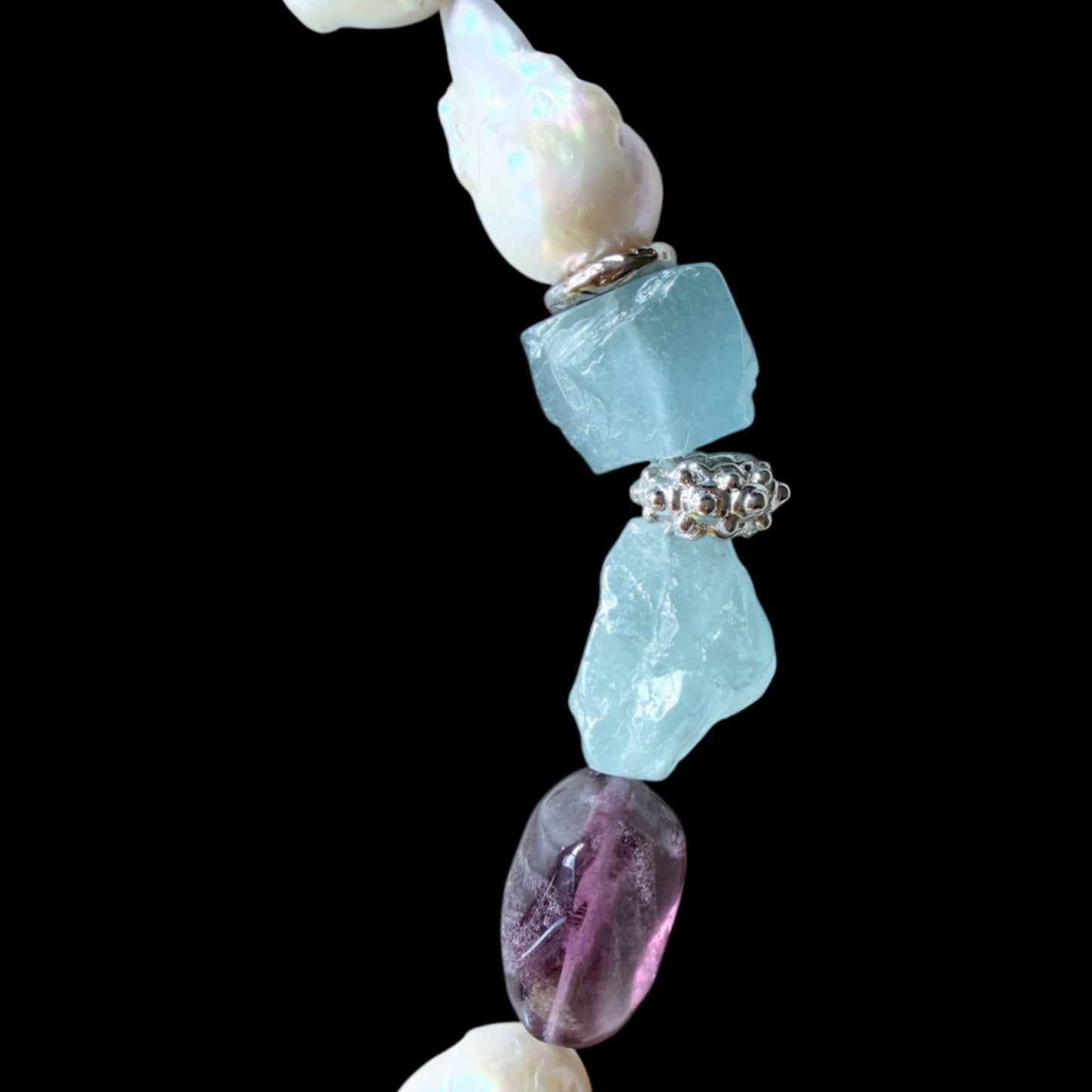 Aquamarine, baroque freshwater pearl and fluorite choker with jade carving