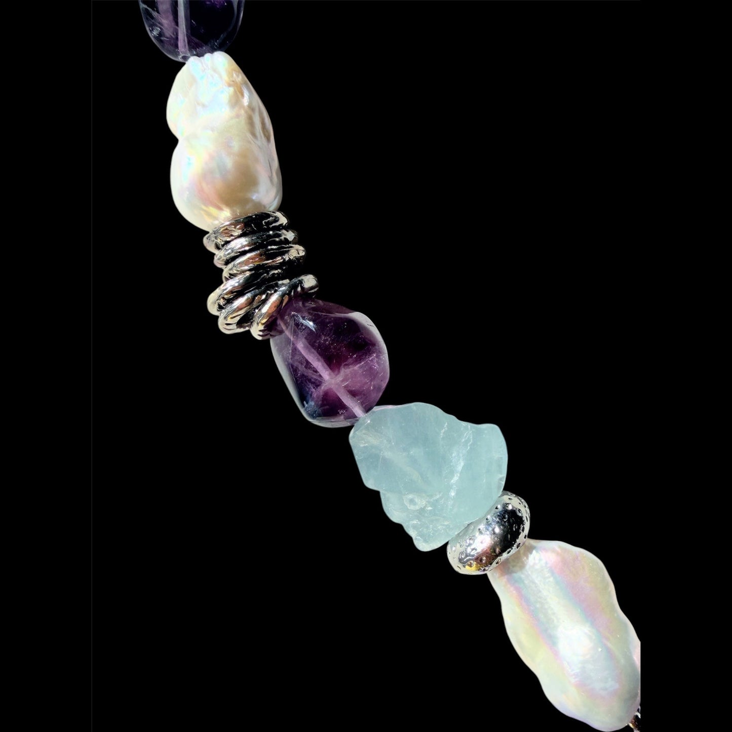 Aquamarine, baroque freshwater pearl and fluorite choker with jade carving
