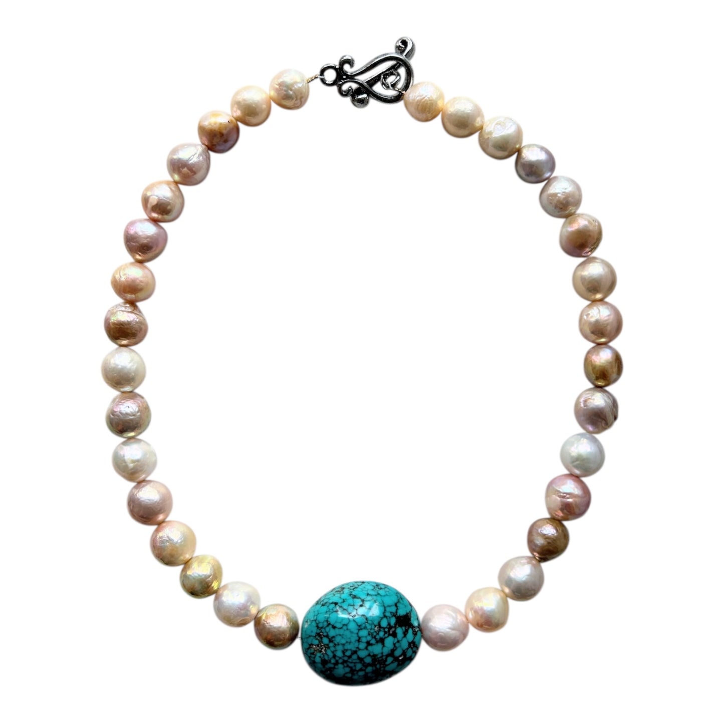 Gold and champagne freshwater pearl choker with large compressed turquoise bead