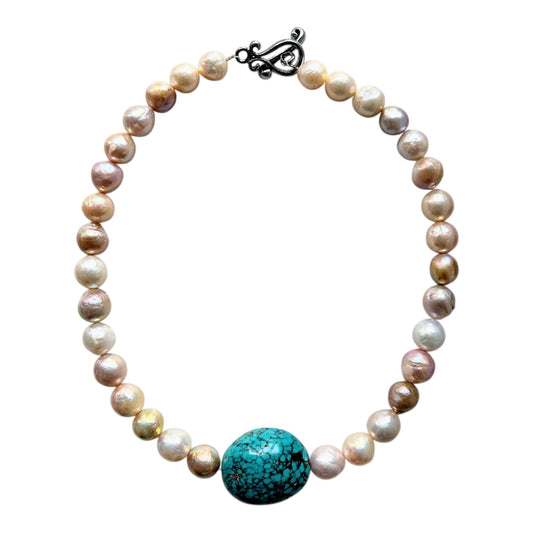 Gold and champagne freshwater pearl choker with large compressed turquoise bead