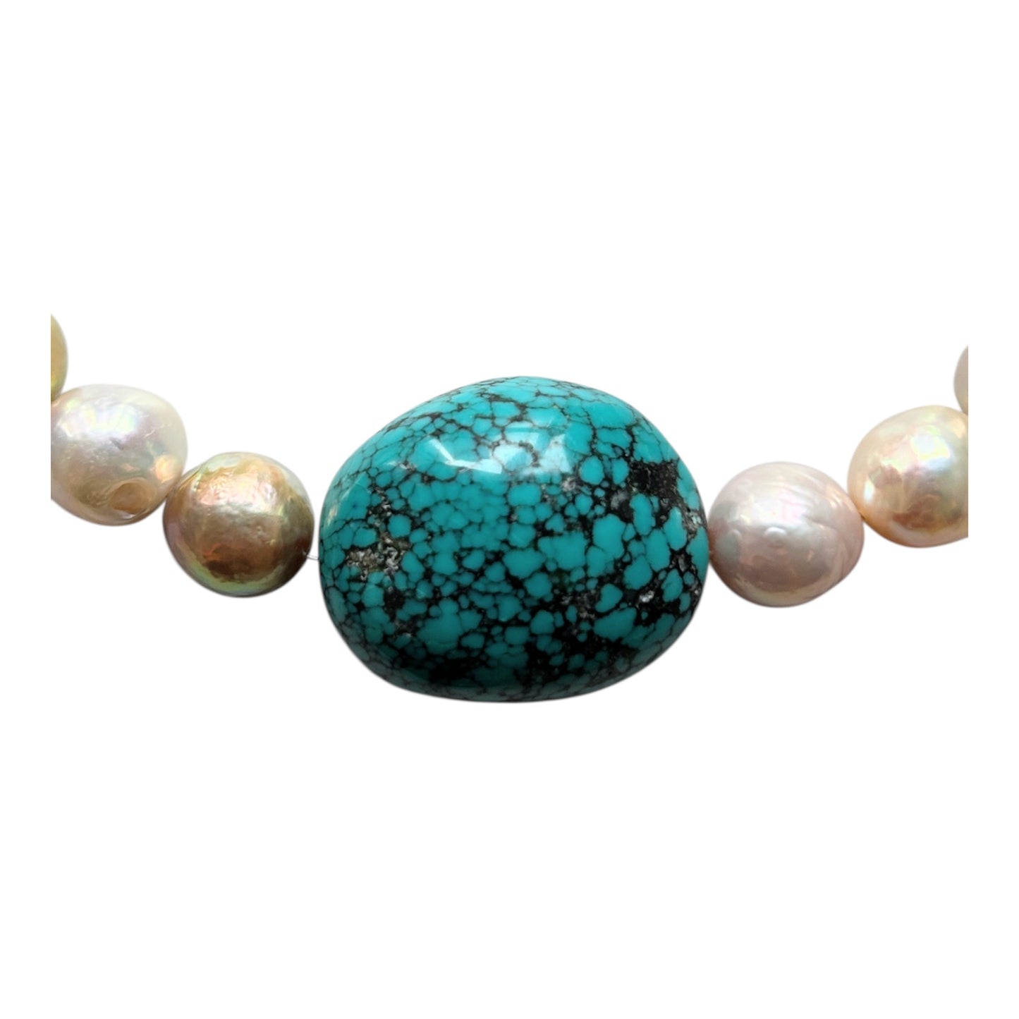 Gold and champagne freshwater pearl choker with large compressed turquoise bead