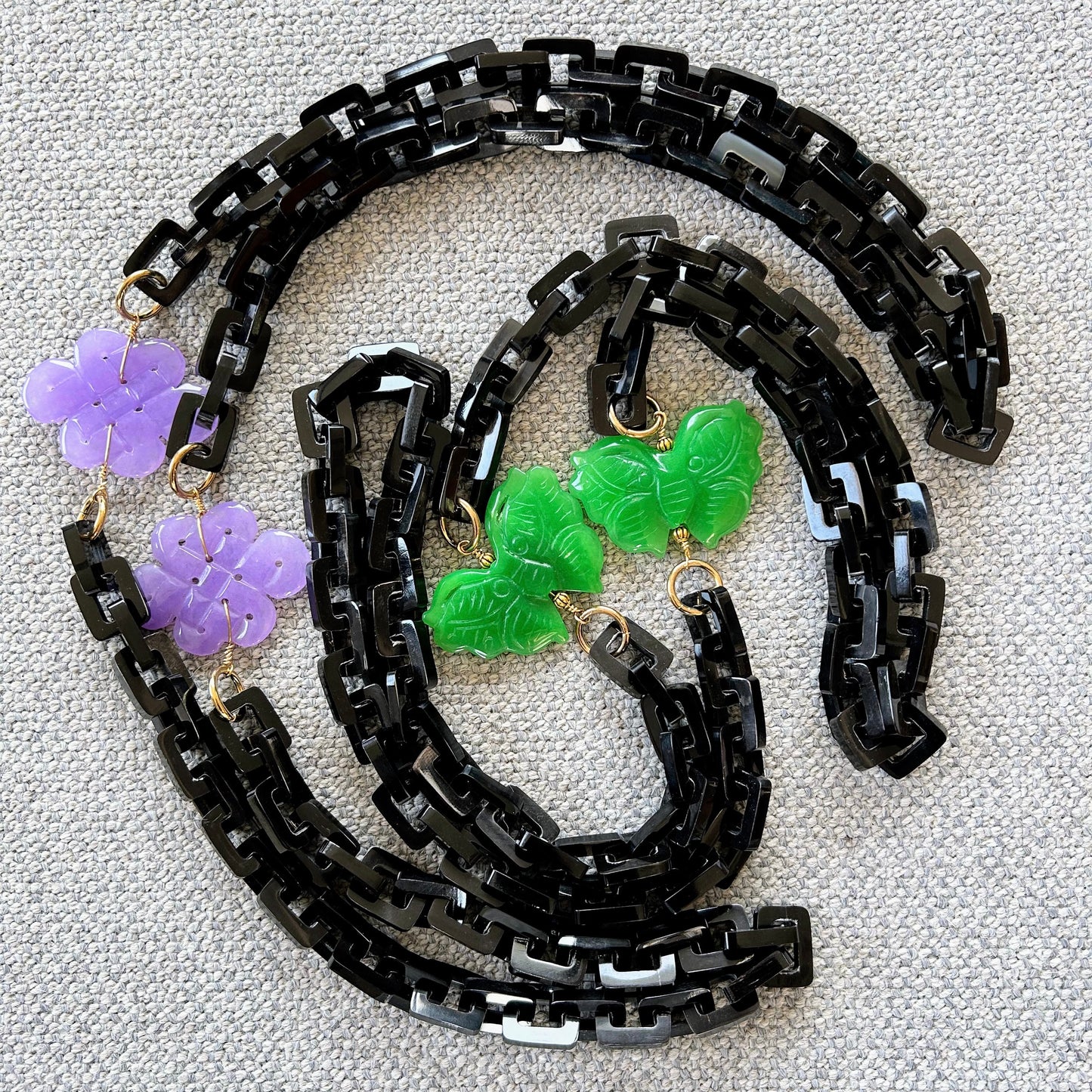 Buffalo horn necklace with jade carved butterflies