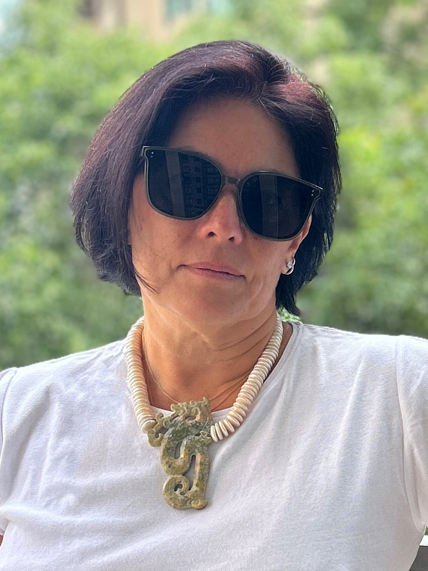 Coin freshwater pearl choker with hand carved jade fire spitting dragon