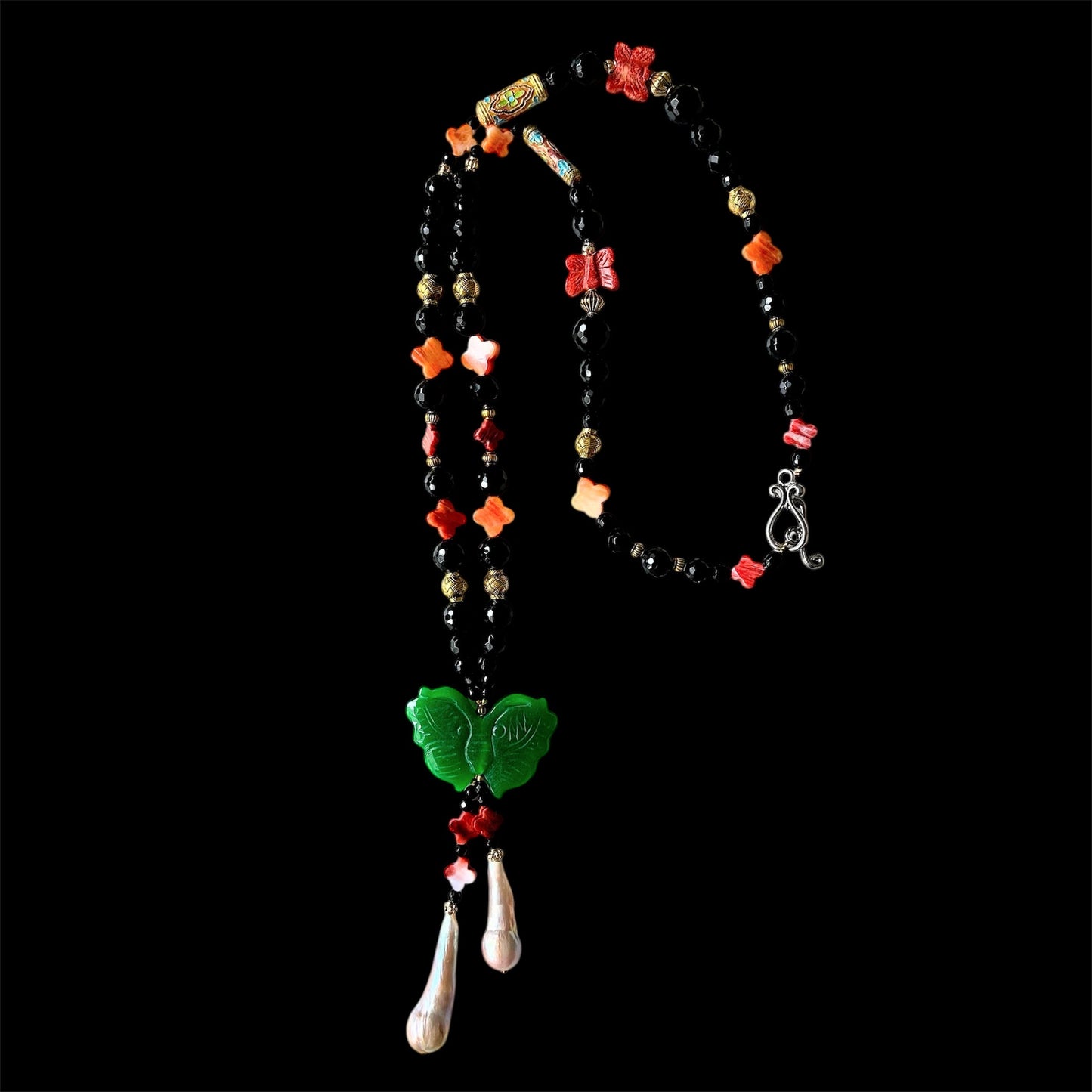 Black agate necklace with baroque freshwater pearls, jade carved butterfly, conch and sea bamboo beads