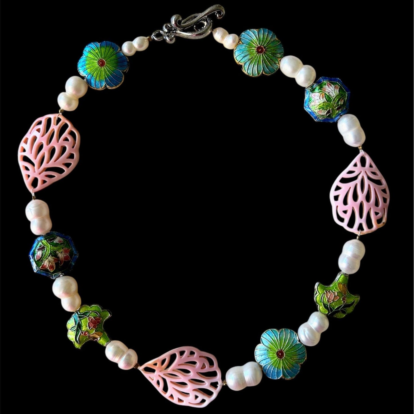 Peanut freshwater pearl choker with cloisonne beads and conch carvings