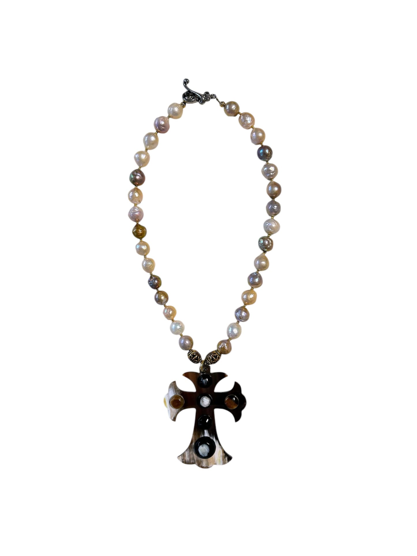 Freshwater pearl necklace with buffalo horn cross pendant