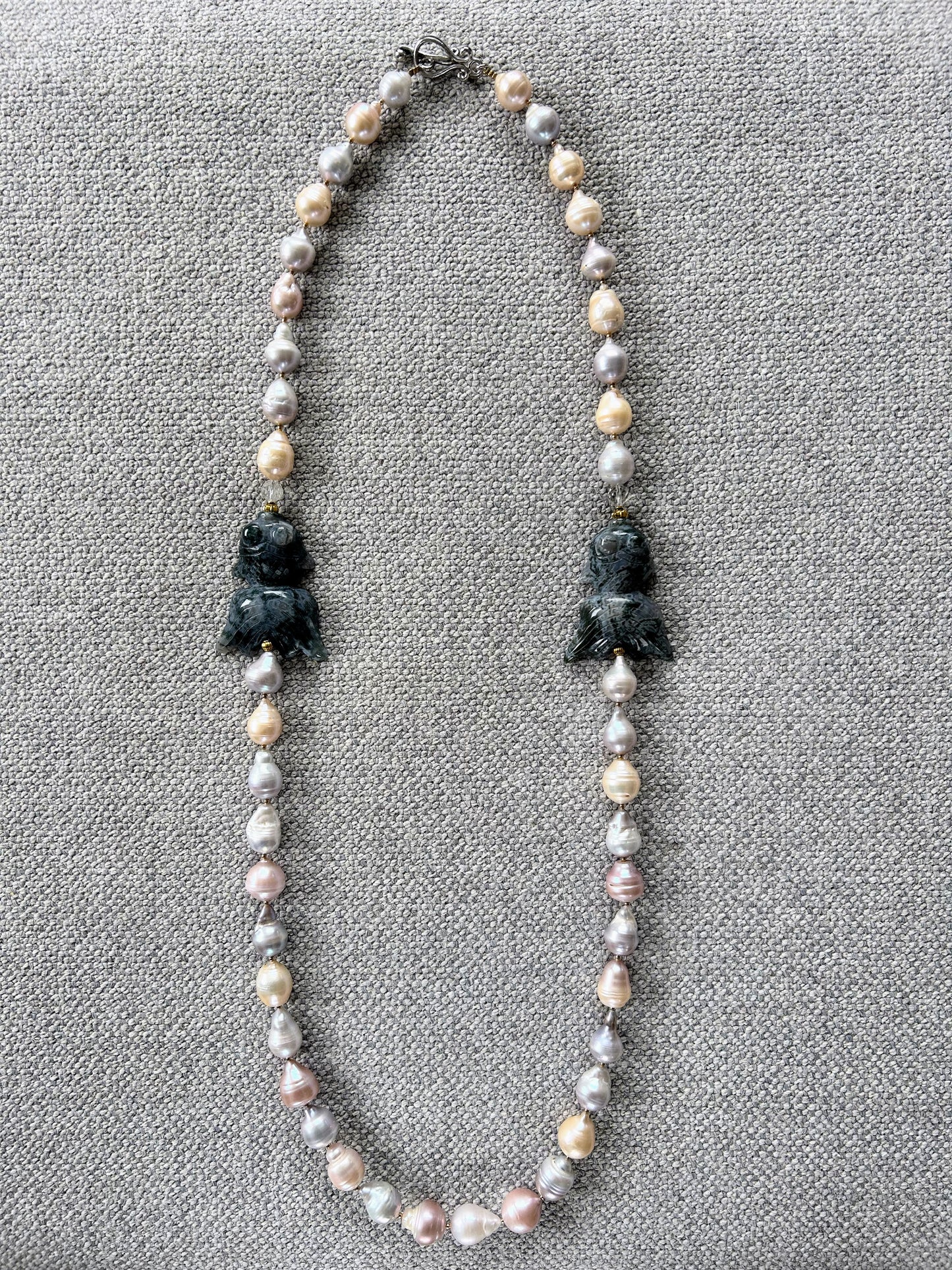 Large baroque pastel coloured freshwater pearls with moss agate goldfish